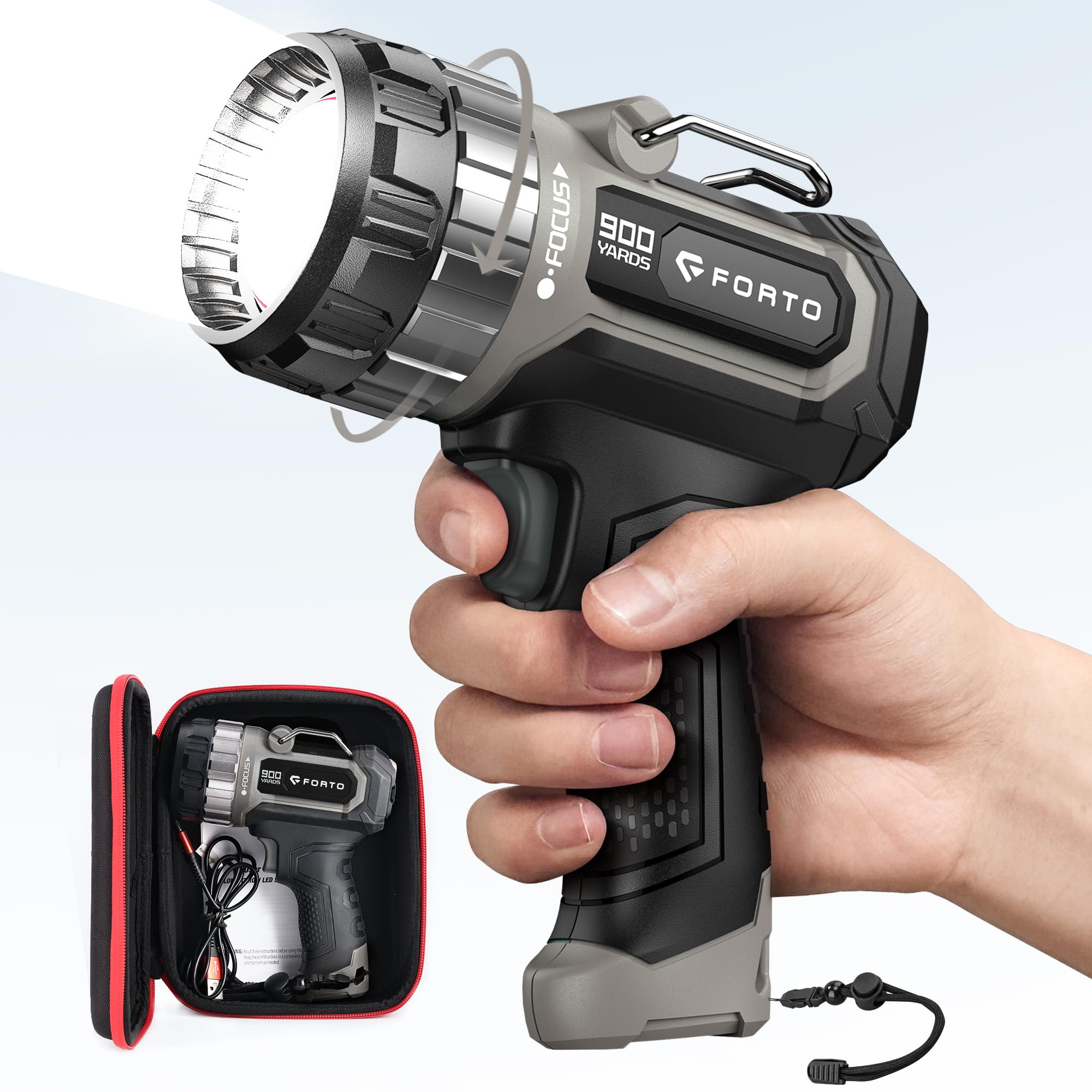 Forto Compact Rechargeable Spotlight With Adjustable Focus, Handheld Spotlight With Stand, 823M Range, 3 Light Modes And Led Spot Lights Outdoor For Boating Hunting Camping Hiking，1400 Lumens
