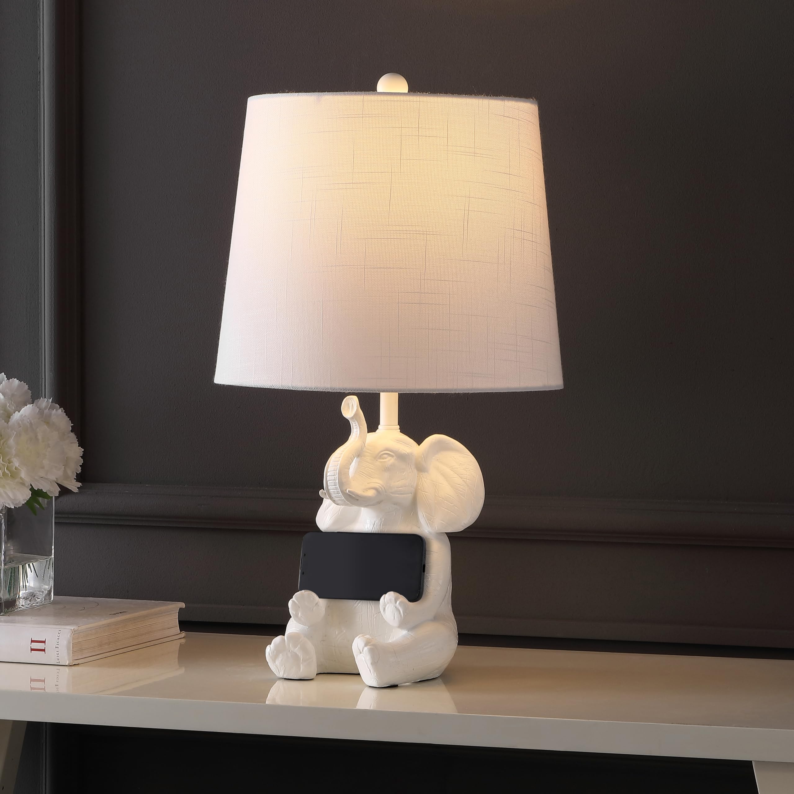 Jonathan Y Jyl4060A Kairi 21" Modern Shabby Chic Resin/Iron Happy Elephant Led Kids' Table Lamp With Phone Stand, White, For Living Room, Bedroom