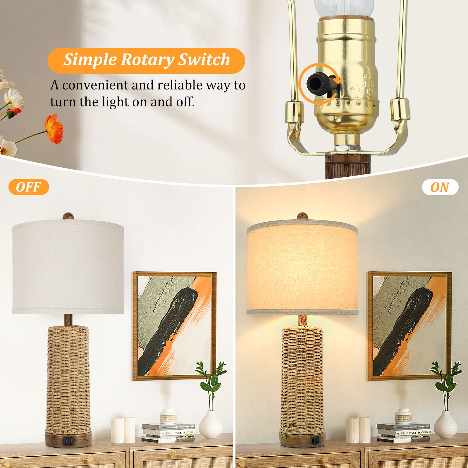 Beslowe 26" Coastal Table Lamps Set Of 2 With 2 Usb Ports, Rattan Nightstand Bedside Table Lamps For Living Room With Rotary Switch, Seagrass Farmhouse Desk Lamps For Bedroom Dorm Hotel