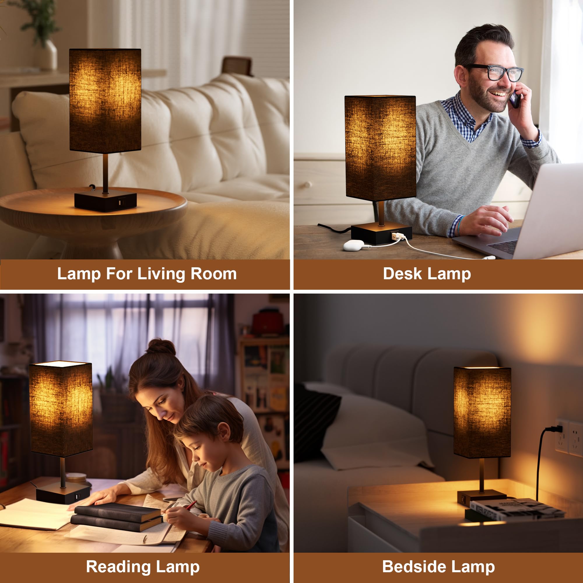 Sailstar Table Lamp For Bedroom, 3 Way Dimmable Touch Bedside Lamp, Small Lamp With 2 Usb C+A Charging Ports, Black Nightstand Lamps For End Table, Living Room, Desk, Bulb Included