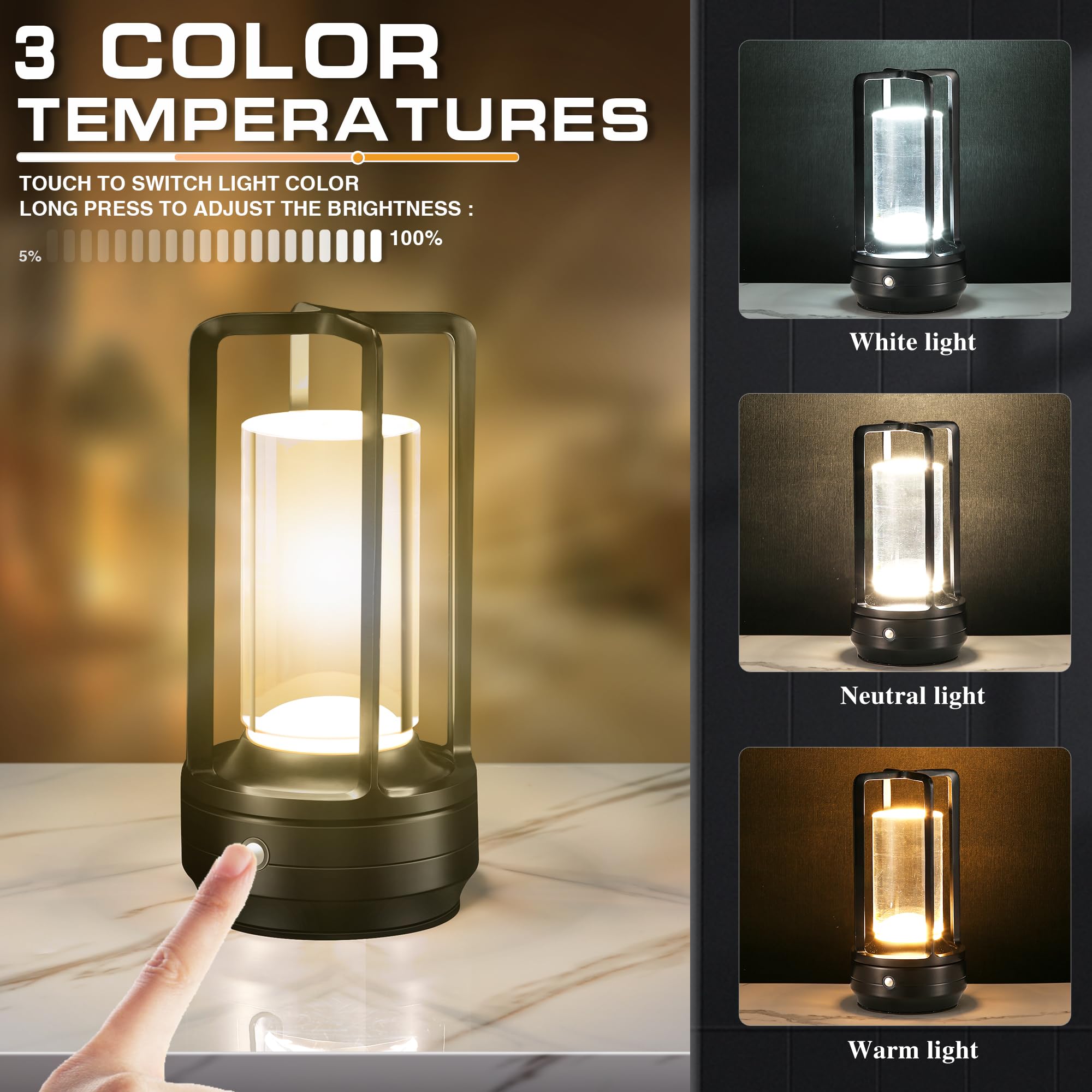 Idong Portable Cordless Table Lamp，Led Desk Lamp With Touch Control，3-Colour Infinitely Dimming Rechargeable Battery Powered Dimming Led Lighting For Strange/Restaurant/Bedroom/Bar/Outdoor Party（ Black）