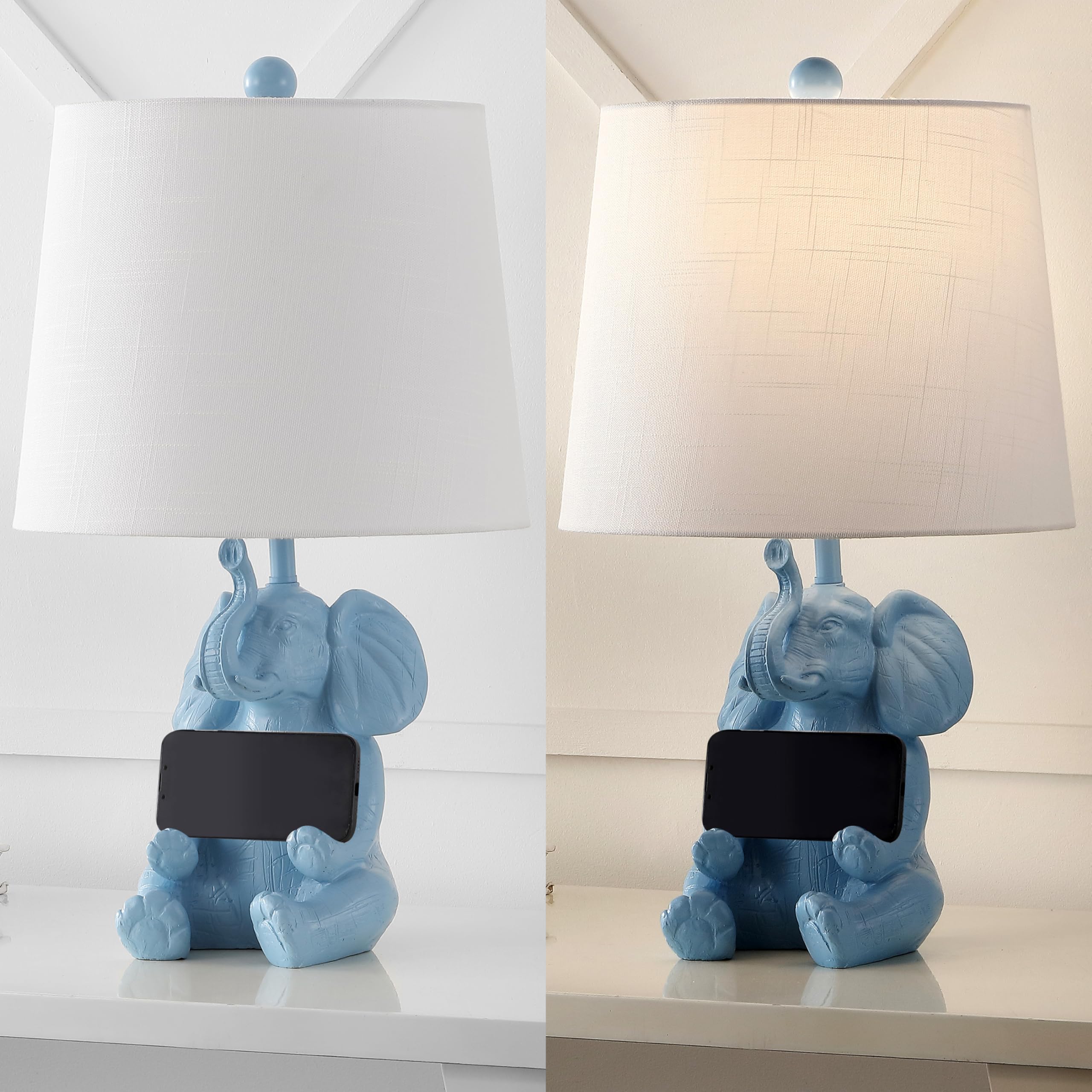 Jonathan Y Jyl4060C Kairi 21" Modern Shabby Chic Resin/Iron Happy Elephant Led Kids' Table Lamp With Phone Stand For Bedroom, Living Room, Office, Blue