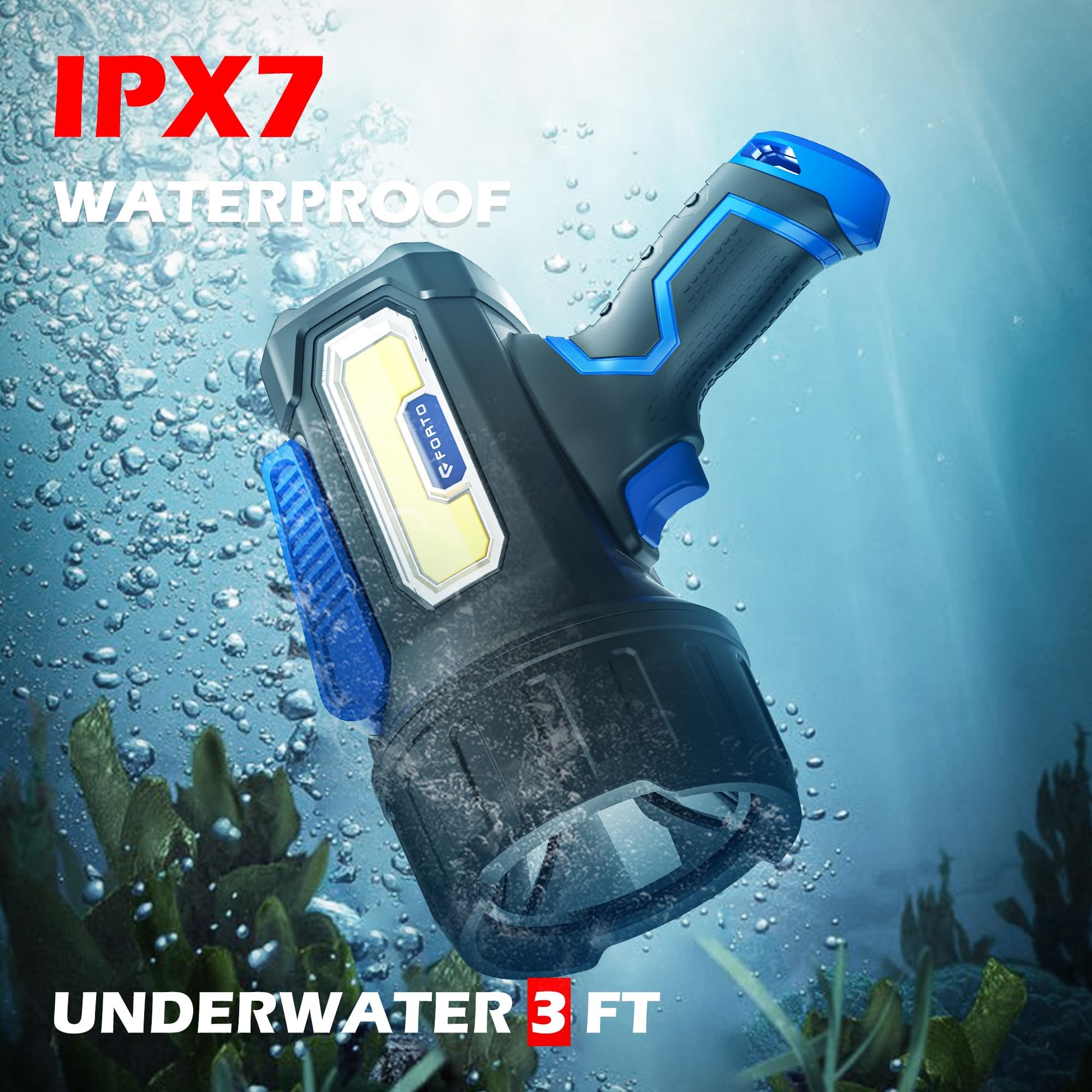 Forto Rechargeable Spotlight Flashlight With 2000 Lumens, Handheld Spotlight With Foldable Stand, 6 Light Modes Ipx7 Waterproof Led Spot Lights Outdoor For Boating Hunting Hiking(Blue)