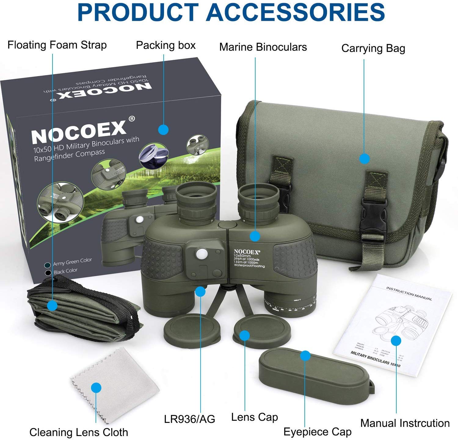 Nocoex 10X50 Marine Binoculars For Adults, Military Binoculars Waterproof With Rangefinder Compass Bak4 Prism Fmc Lens Fogproof For Navigation Boating Fishing Water Sports Hunting