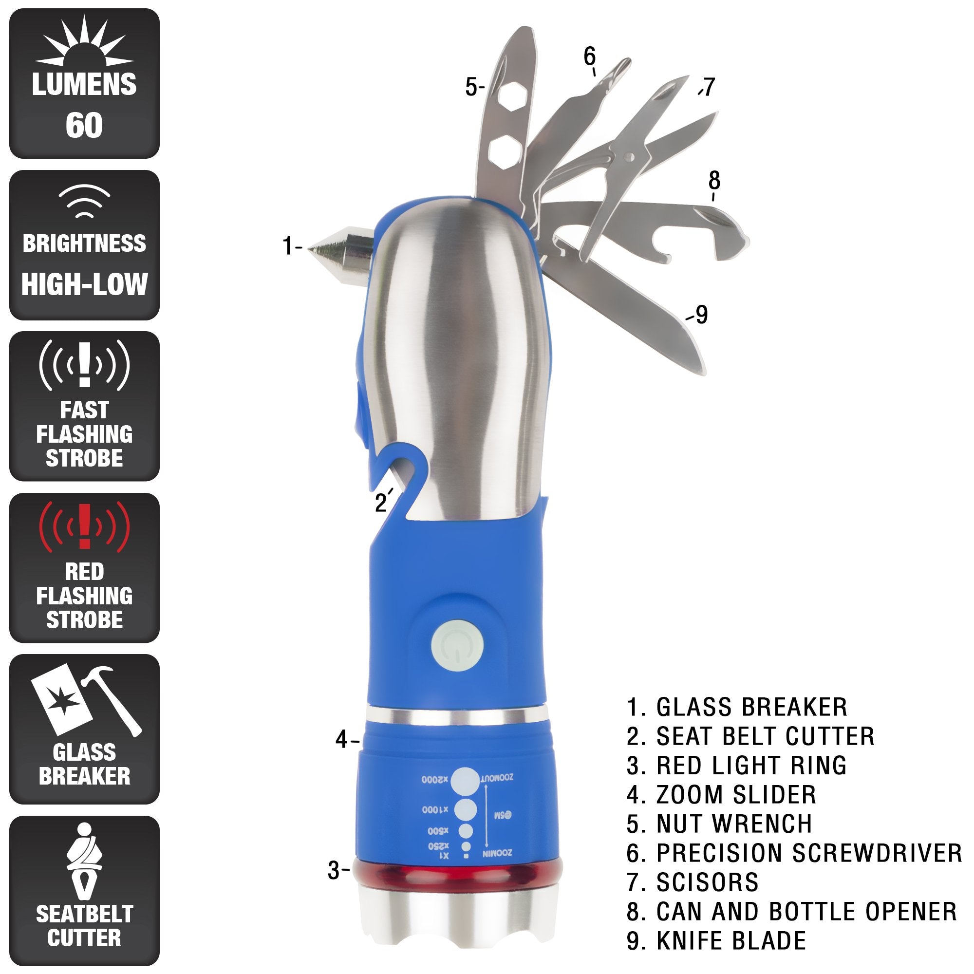 Stalwart 75-Wl2005 Multi Tool Led Flashlight, All In One Tool Light For Emergency, Camping And Cars By (Blue) (With Glass Breaker And Seatbelt Cutter)