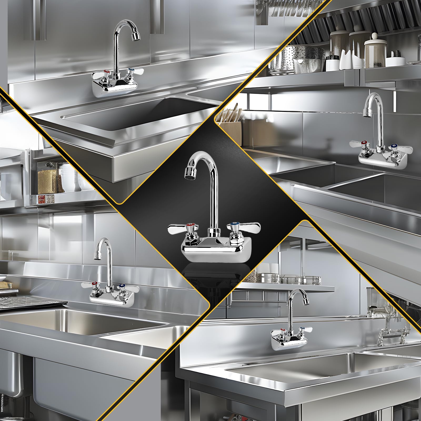 Zkdausdo  4 Inch Center Commercial Sink Faucet Wall Mount Kitchen Hand Sink Faucet, Ceramic Valve, Premium Brass, Chrome Finish, 3-1/2" Gooseneck Spout, Easy-Use Dual Lever