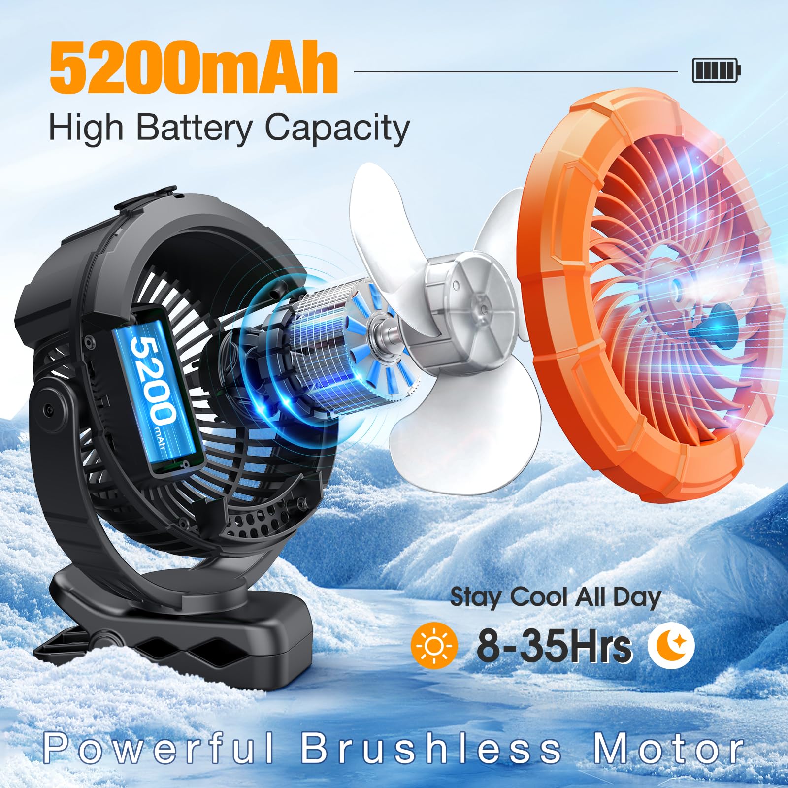 Rechargeable Ausic misting clip-on fan with 100ml mist tank, LED light, and 5200mAh battery for outdoor use