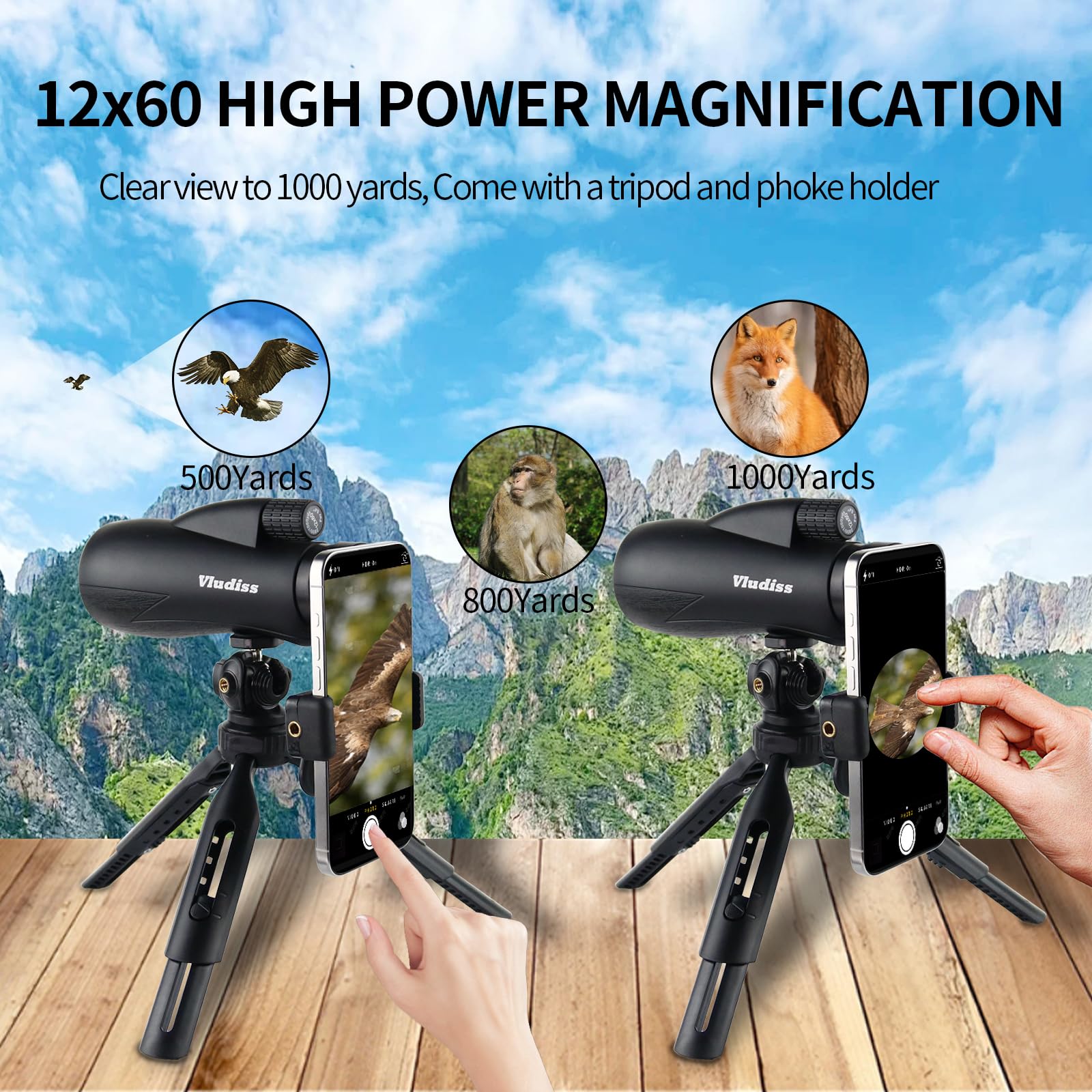 Vludiss 12X60 High-Power Monocular Telescope With Smartphone Holder And Tripod, Large Vision With Bak-4 Prism And Fmc Lens Suitable For Bird Watching Hunting Hiking Camping Wildlife