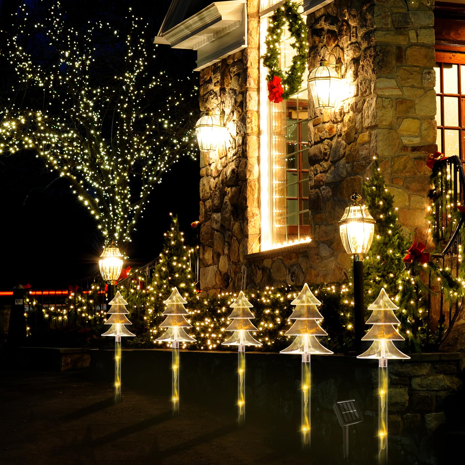 Illumi Christmas Snowflake Pathway Lights, 5 Pack Solar Christmas Stake Markers With Cool White Fairy Lights For Outdoor Holiday Walkway Patio Garden Christmas Decorations (Warm White-Tree)