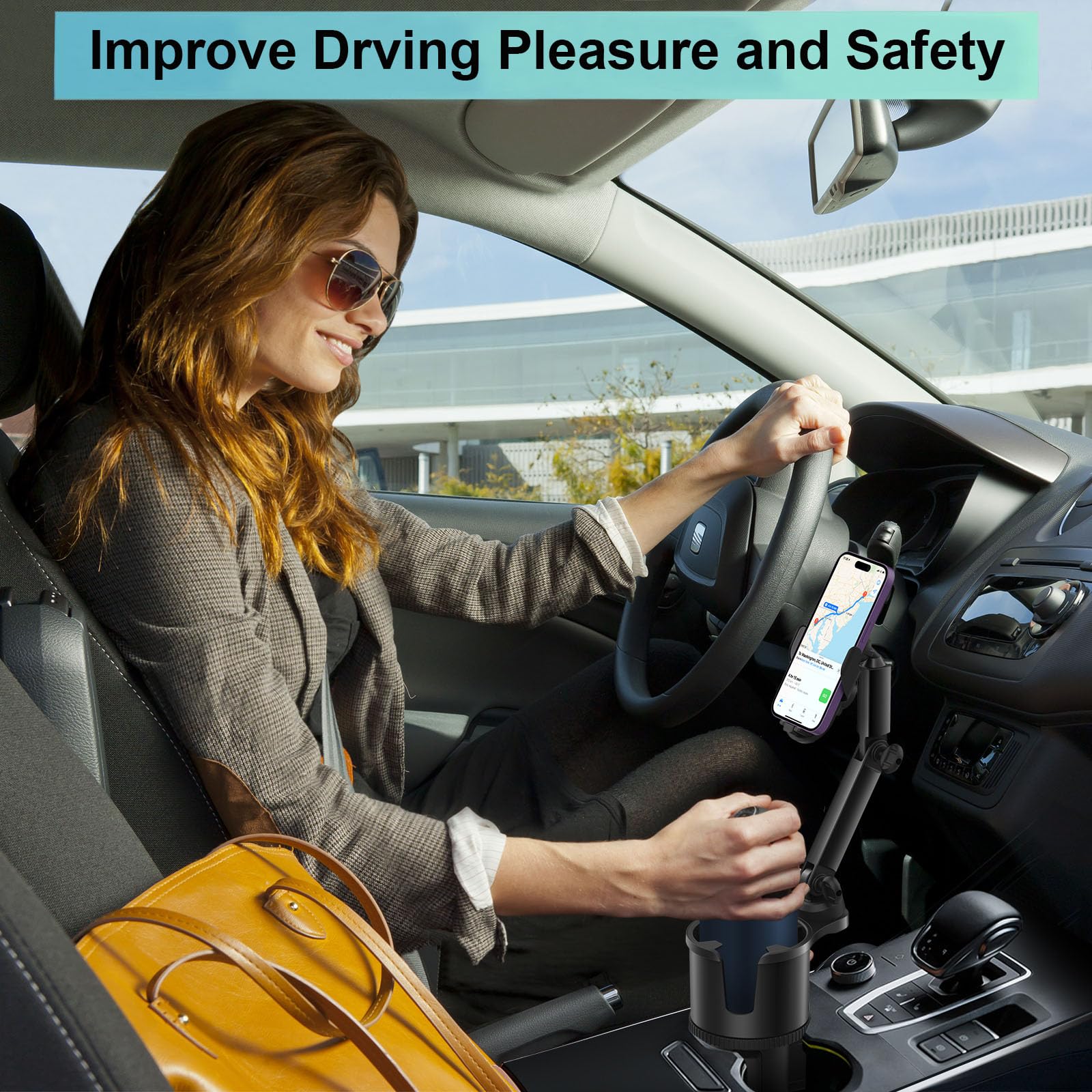 Easkkty Car Cup Holder Expander Phone Holder With Adjustable Arm And Base, 2 In 1 Phone Mount And Cupholder Adapter With Expandable Base For Most Large Drink Bottle And Fit All 4-7'' Smartphones