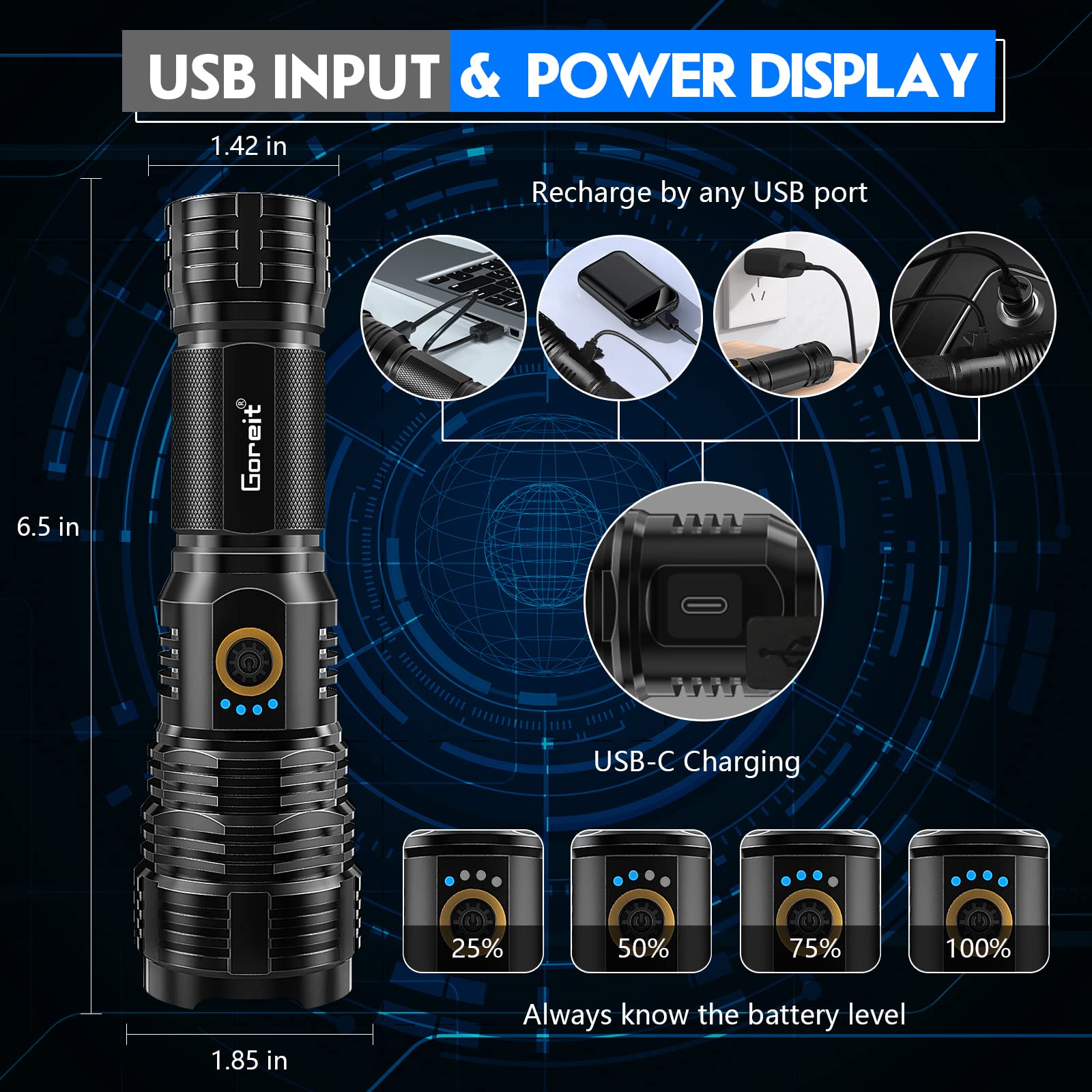 Goreit Flashlights Led High Lumens Rechargeable, 990000 Lumens Xhp70.2 Super Bright Flashlight, Flash Light Battery Powered, Powerful Handheld Flashlight With Holster For Emergency Camping Hiking