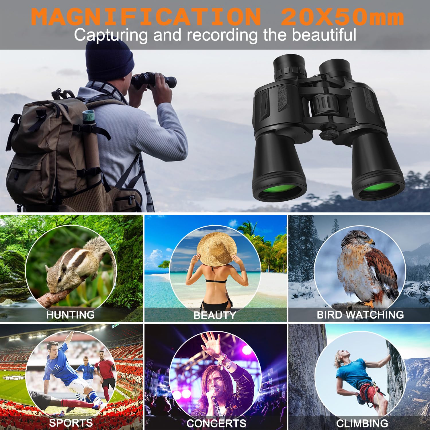 Landview 20X50 High Power Binoculars For Adults With Smartphone Adapter, Hd Professional/Daily Waterproof Compact Binoculars For Bird Watching Hiking Concert Travel With Bak4 Prism Fmc Lens, Black