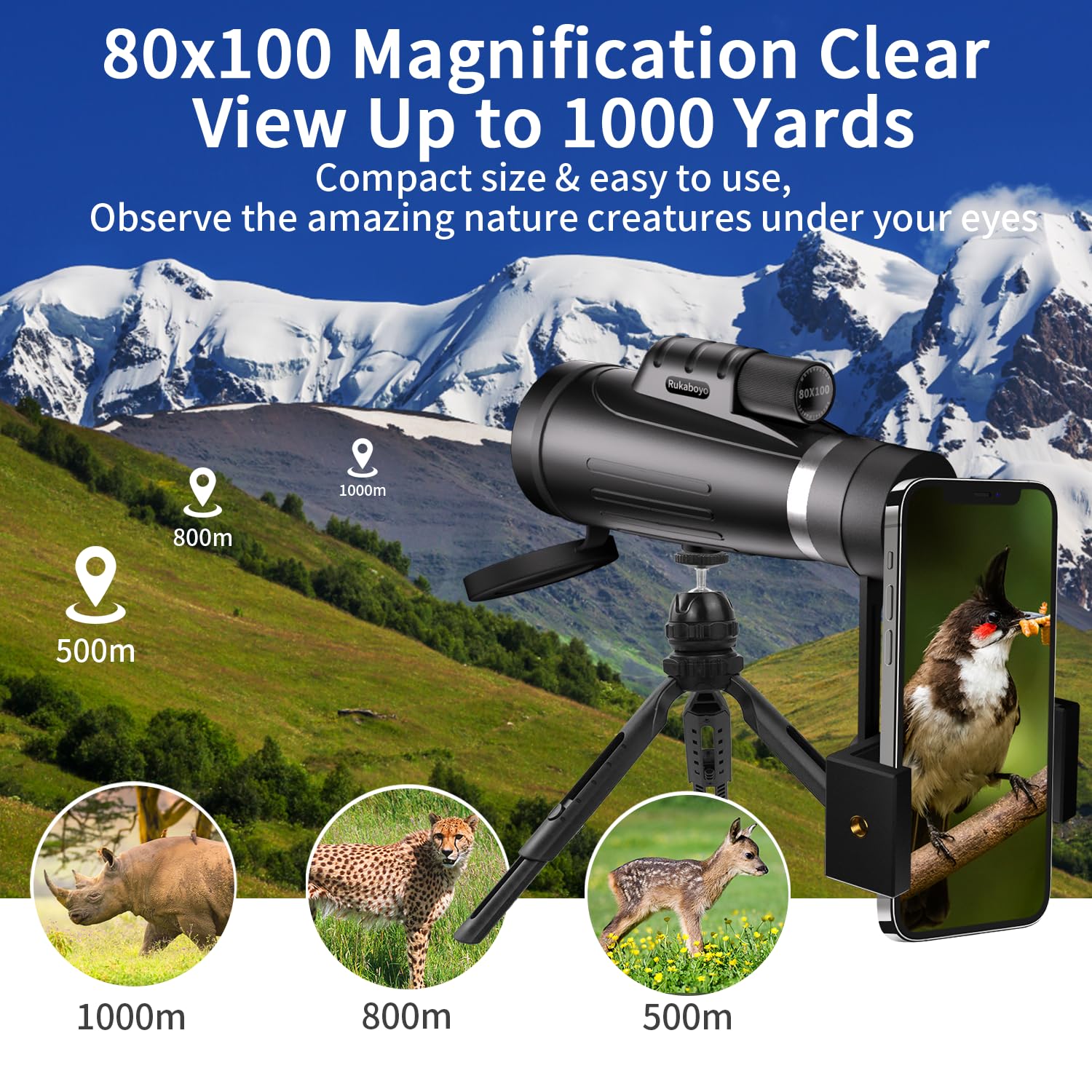 Digitgarden Hd Monocular Telescope High Powered With Smartphone Adapter 80X100 Tripod Bak4 Prism Monocular For Wildlife Bird Watching Hunting Travel Camping Stargazing Hiking