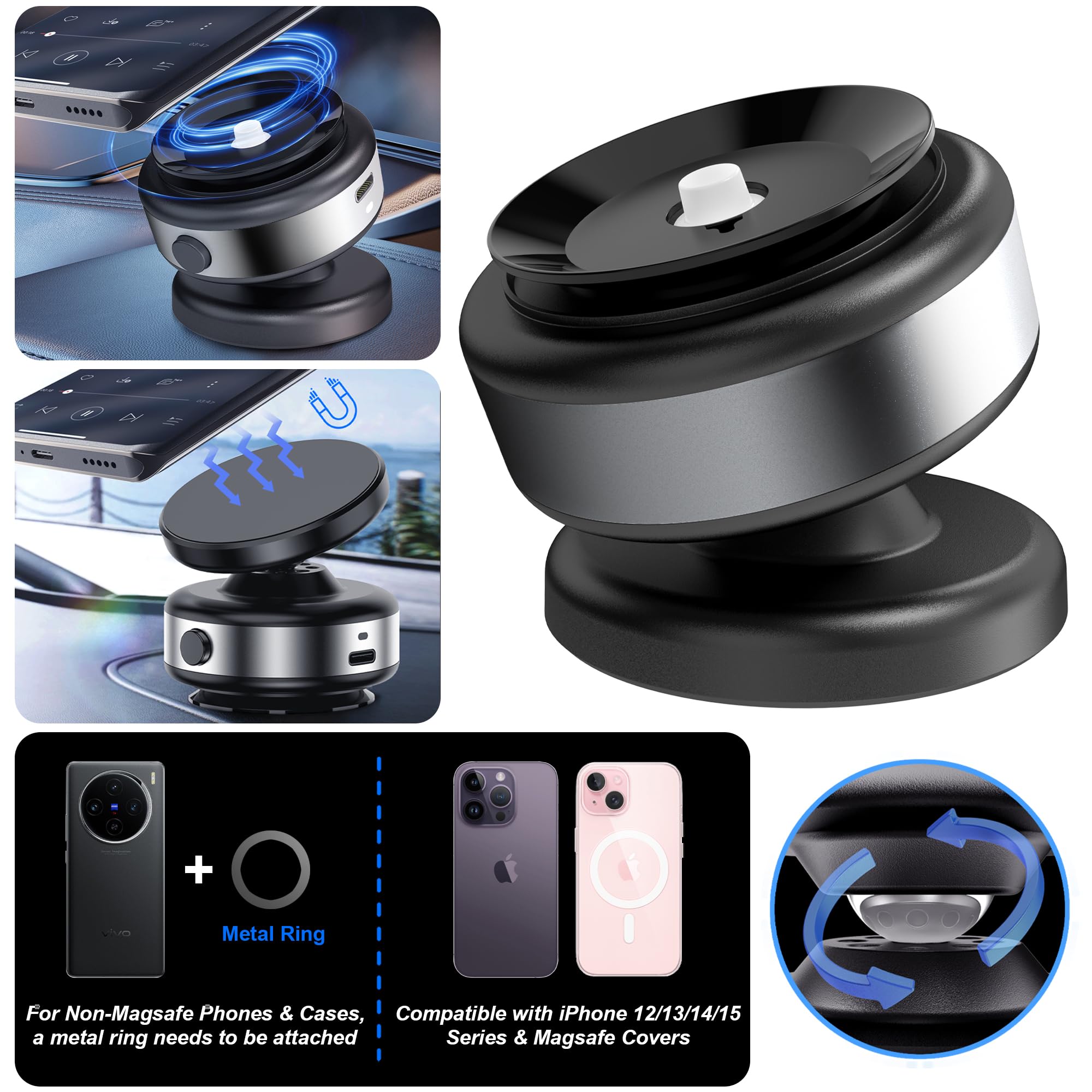 Fostex Vacuum Magnetic Phone Holder Magnet,360 Adjustable Rotatable Magnetic Mount,Electric Vacuum Magnetic Phone Holder,Hands- Phone Holders For Your Car Iphone 16/15/14/13/12