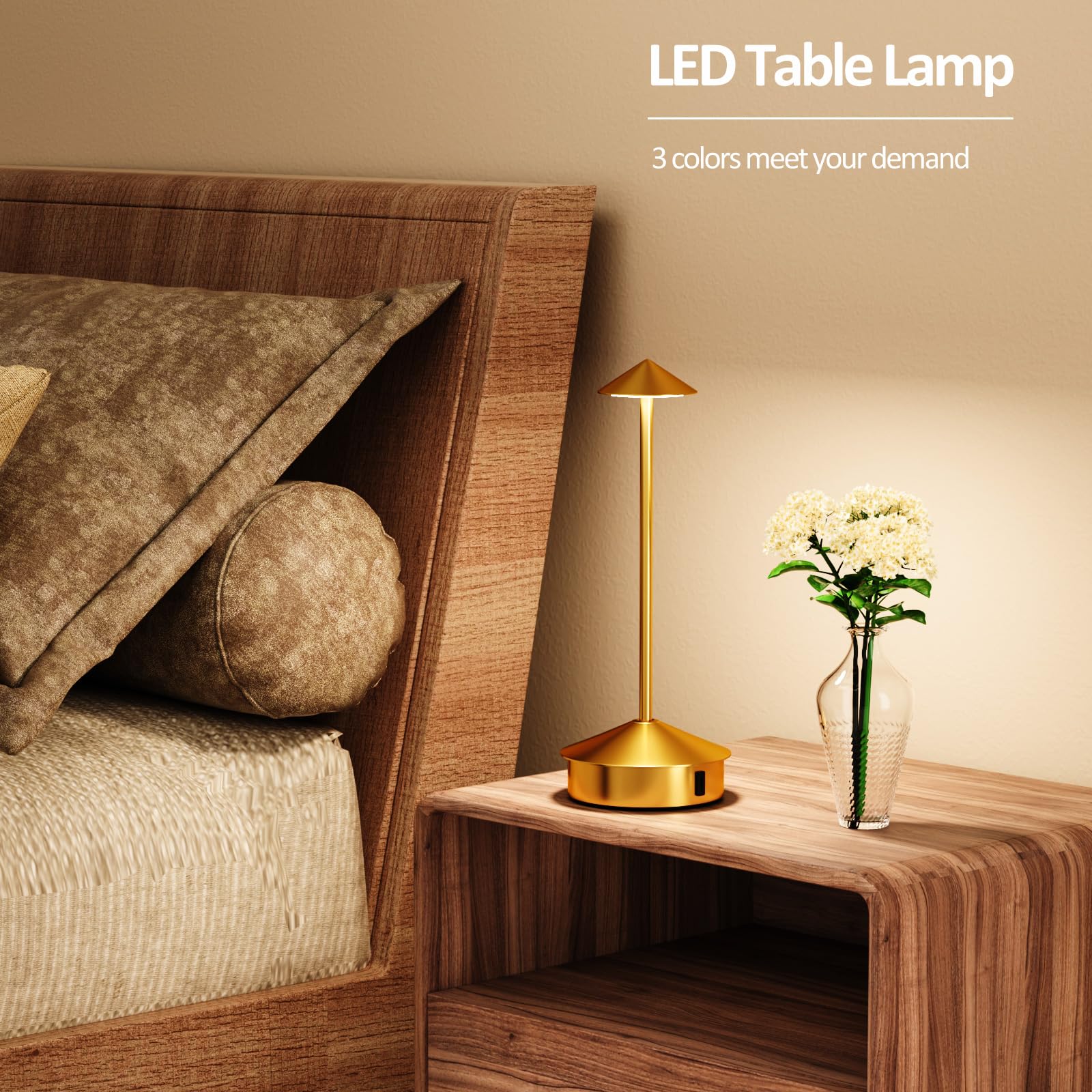 Apspow Table Lamps,Cordless Desk Lamp With Usb Port, 6000Mah Battery Operated Desk Lamp, 3 Level Brightness Led Table Lamp With Modern Design, Table Light For Bedroom, Gold