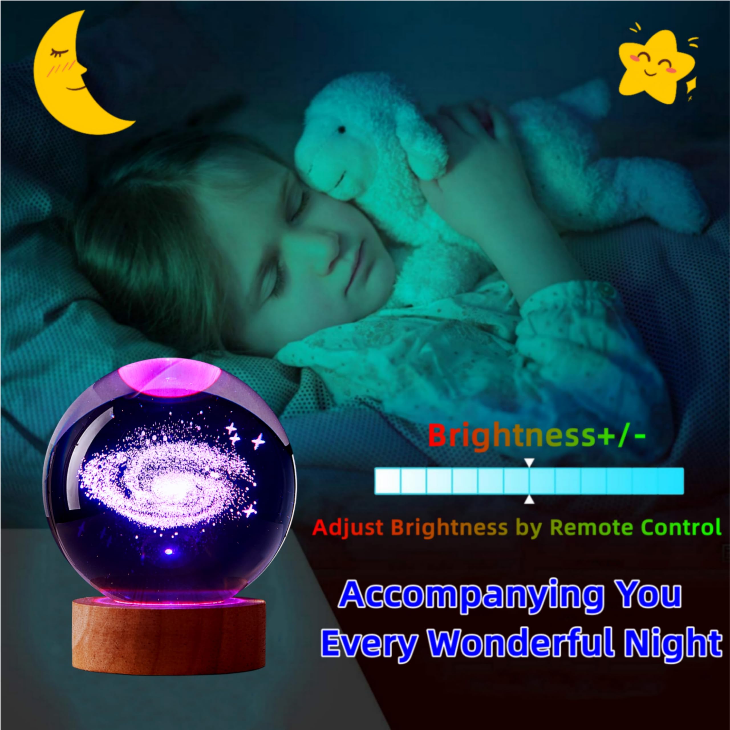 Chickenegglamp 3D Galaxy Crystal Ball Lamp,3.15 Inch Glass Ball Galaxy Light,16 Colors Change With Remote Control,Galaxy Lamp With Wooden Base,Galaxy Night Light  For Friends (Galaxy)