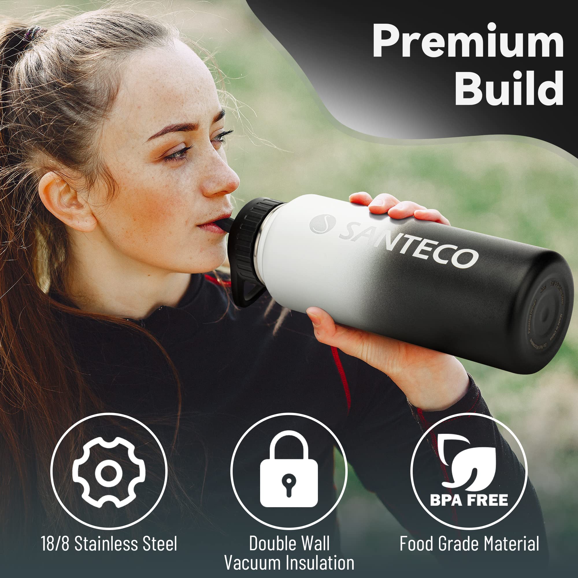 Santeco Water Bottle 40 Oz, Vacuum Insulated Stainless Steel Bottle With Straw Handle Lid