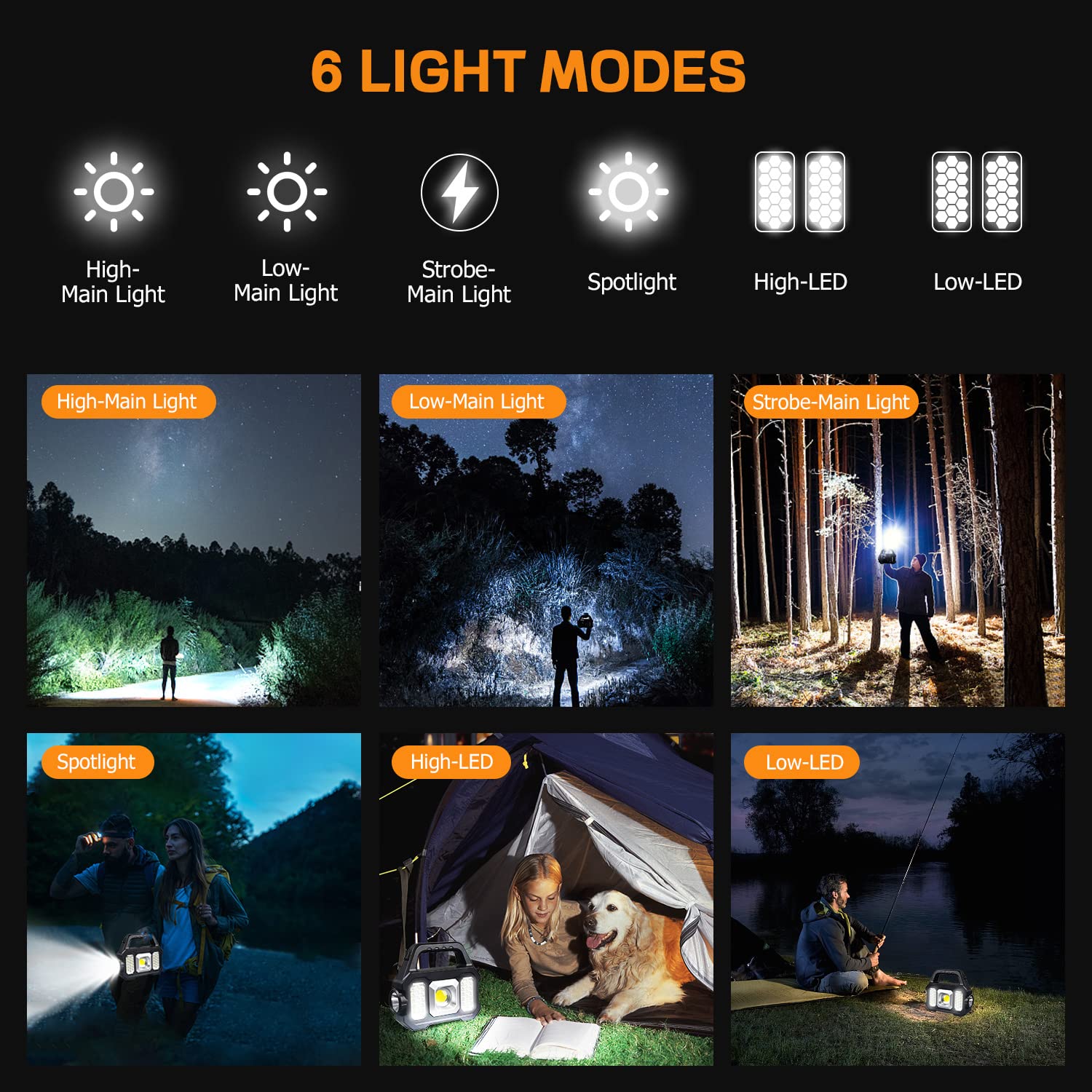 Sjpro Solar Handheld Flashlight With Usb Cable, 6 Modes Rechargeable Multifunction Lights Super Bright Led Searchlight, Lightweight Waterproof Portable Spotlight For Fishing Outdoor Camping Emergencies