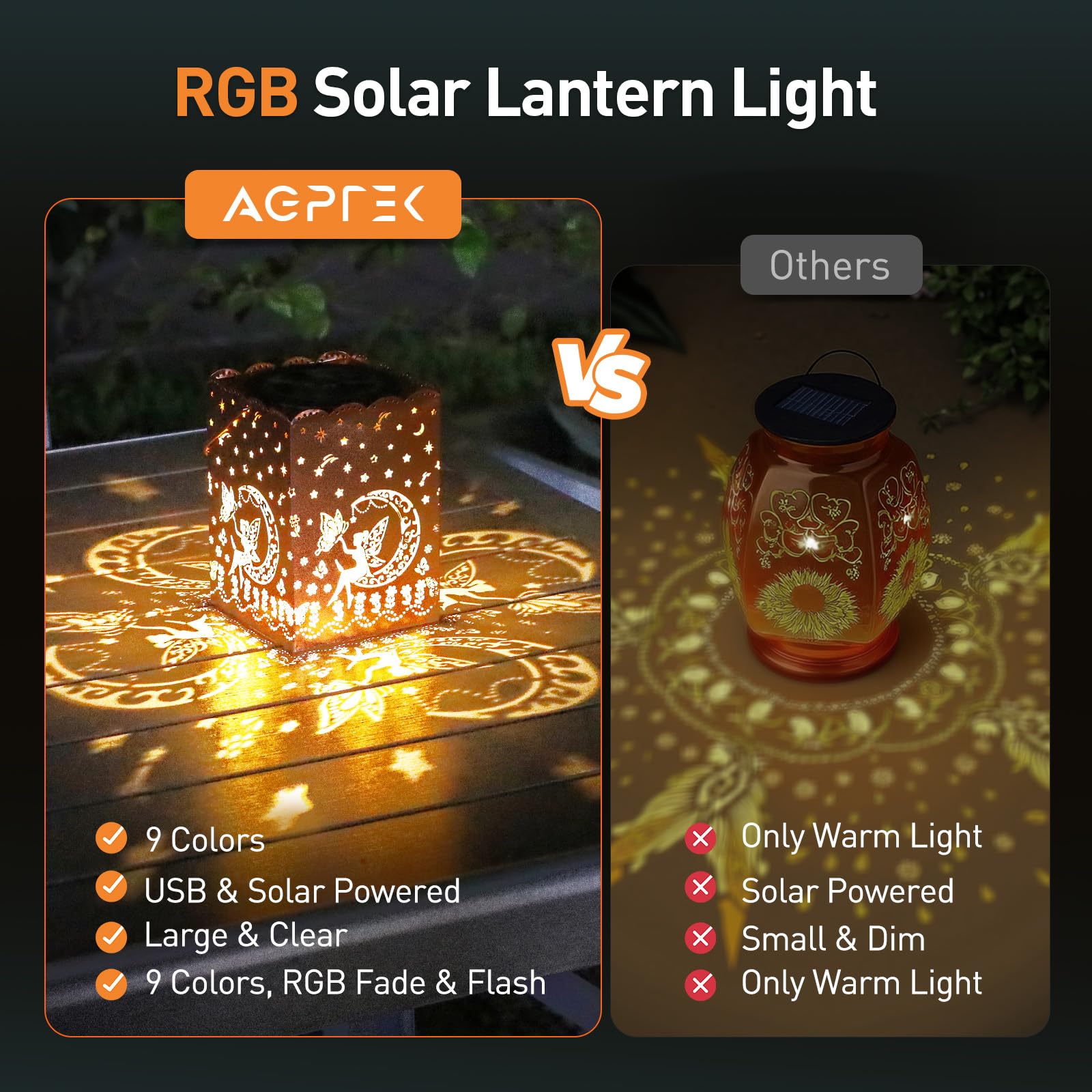 Agptek Flower Fairy Solar Lantern Outdoor Waterproof Garden Light, Metal Hanging Solar & Usb Powered Rgb Changing Light Holiday Gift For Women, Outside Decor Lantern For Backyard, Patio, Porch, Table