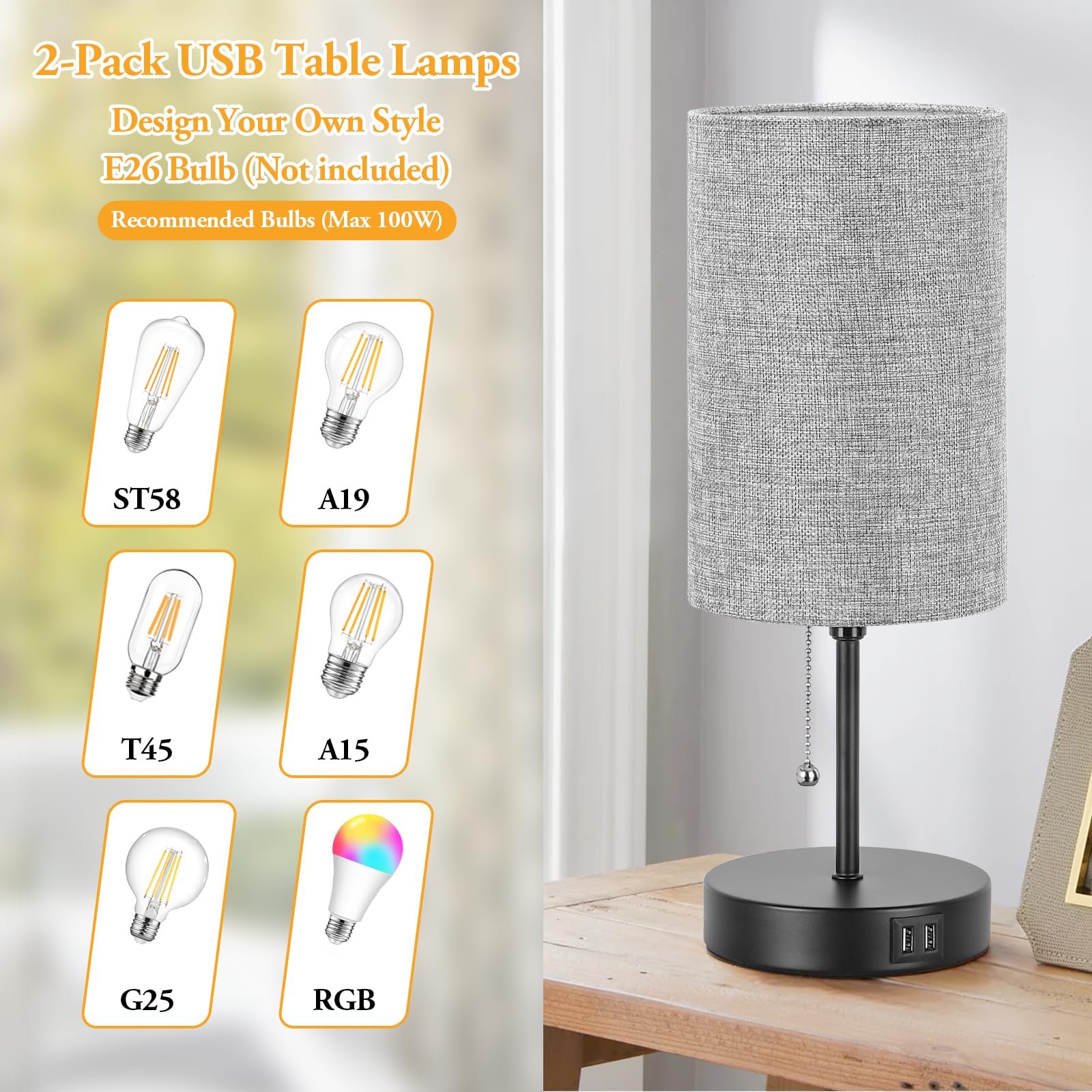 Lakumu Modern Table Lamps Set Of 2, Grey Fabric Shade And Black Metal Base For Living Room Bedroom Office Reading Dorm Hotel