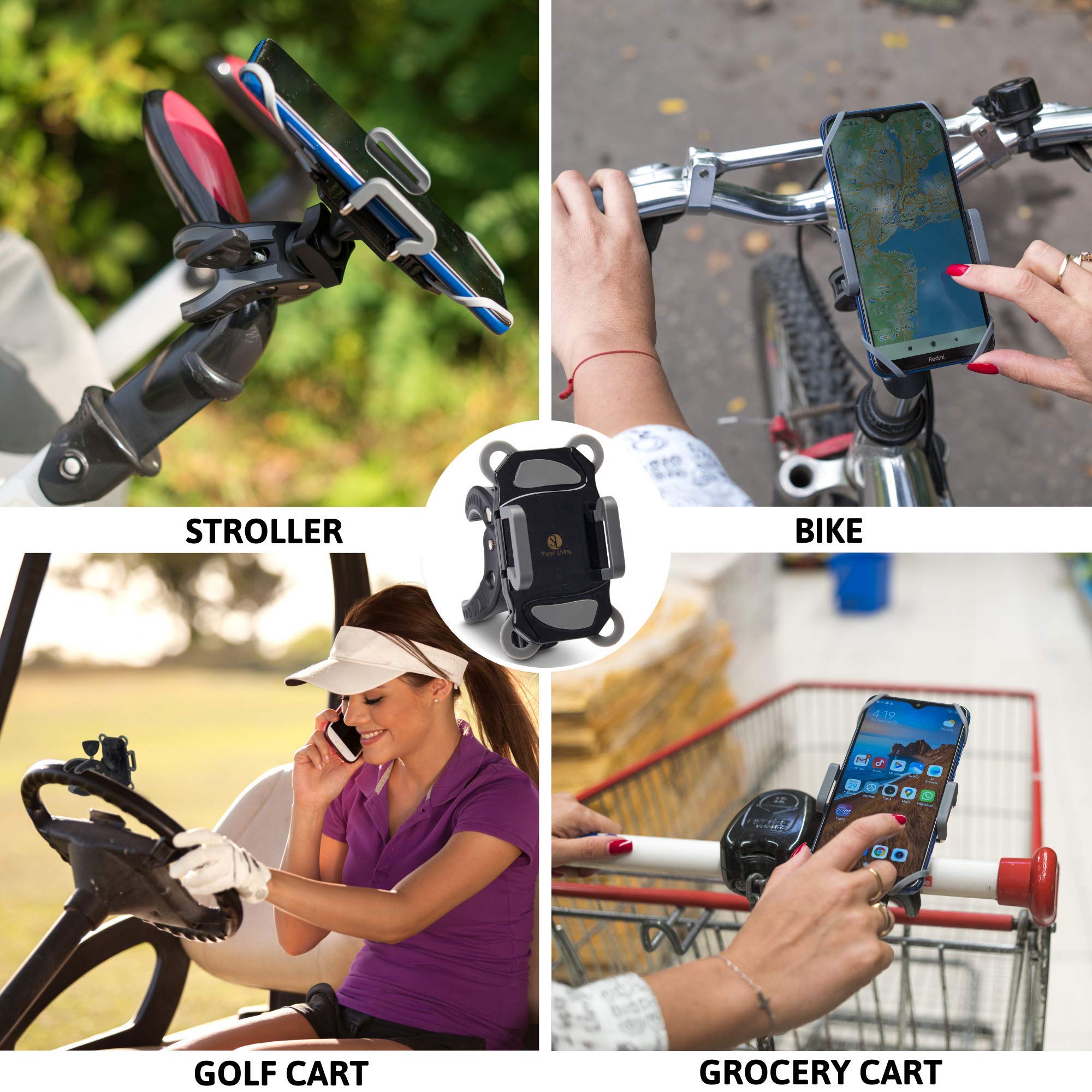 Sheer Living Baby Stroller Phone Holder, Shopping Cart, Golf Cart, Push Cart, Bike Phone Mount, For Motorcycle, Scooter, Atv, Boat, Spin Bike, Treadmill, Handlebar- Universal- Iphone, Cell Phone Clamp (Grey)