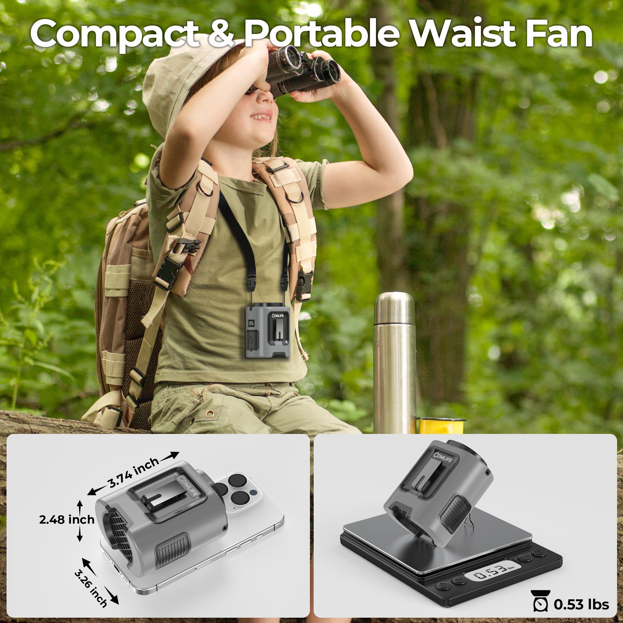 Comlife Portable Mini Waist Fan - Rechargeable Clip On Wearable Belt Fan, Max 25H Cooling,4 Speeds