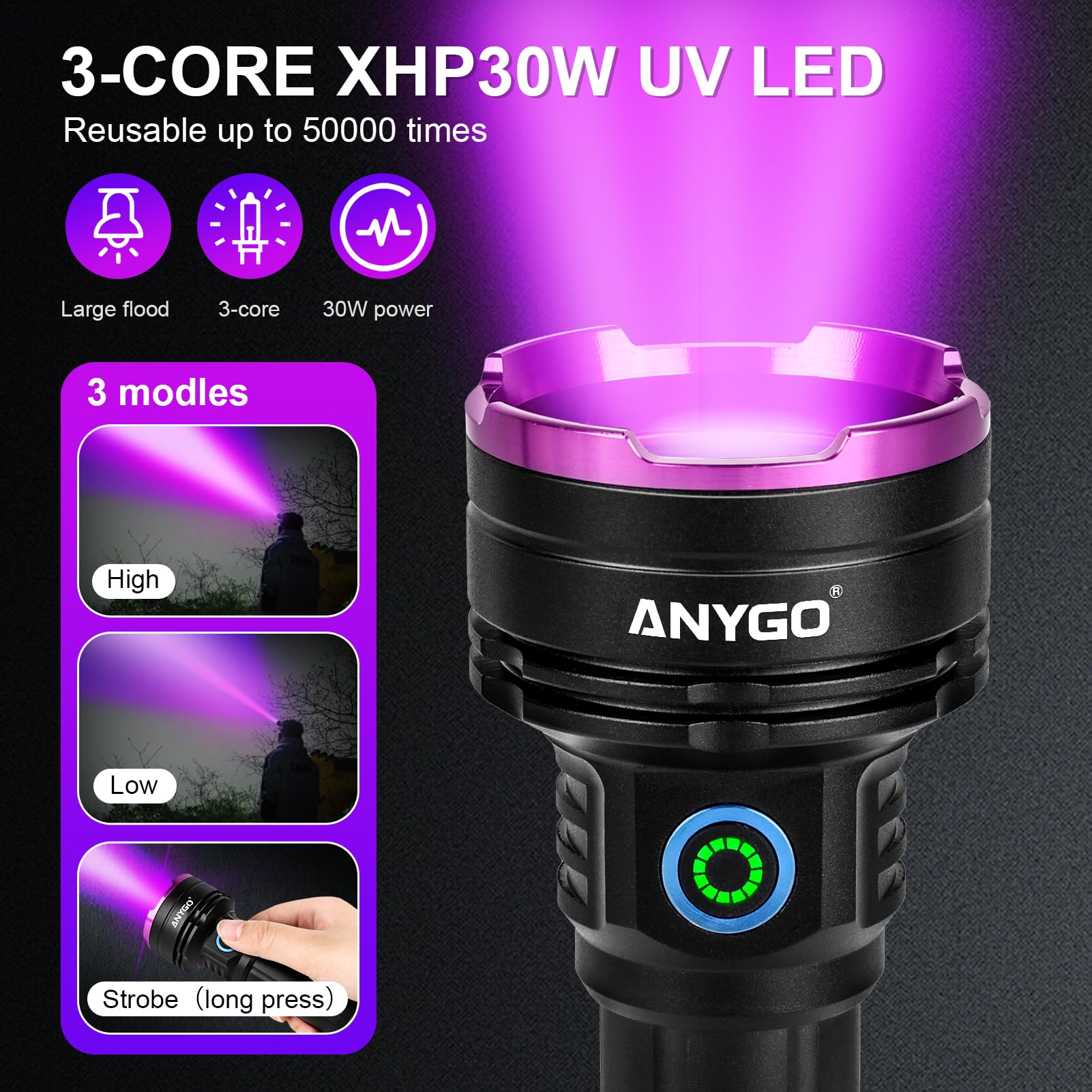 Anygo 365 Nm High-Power Uv Flashlight, 30W Black Light Flashlight, Ultraviolet Bright Uv Led Torch For Outdoor, Home And Inspection, Detect Pet Urine Detection, Ore And Jade, Durable And Rechargeable