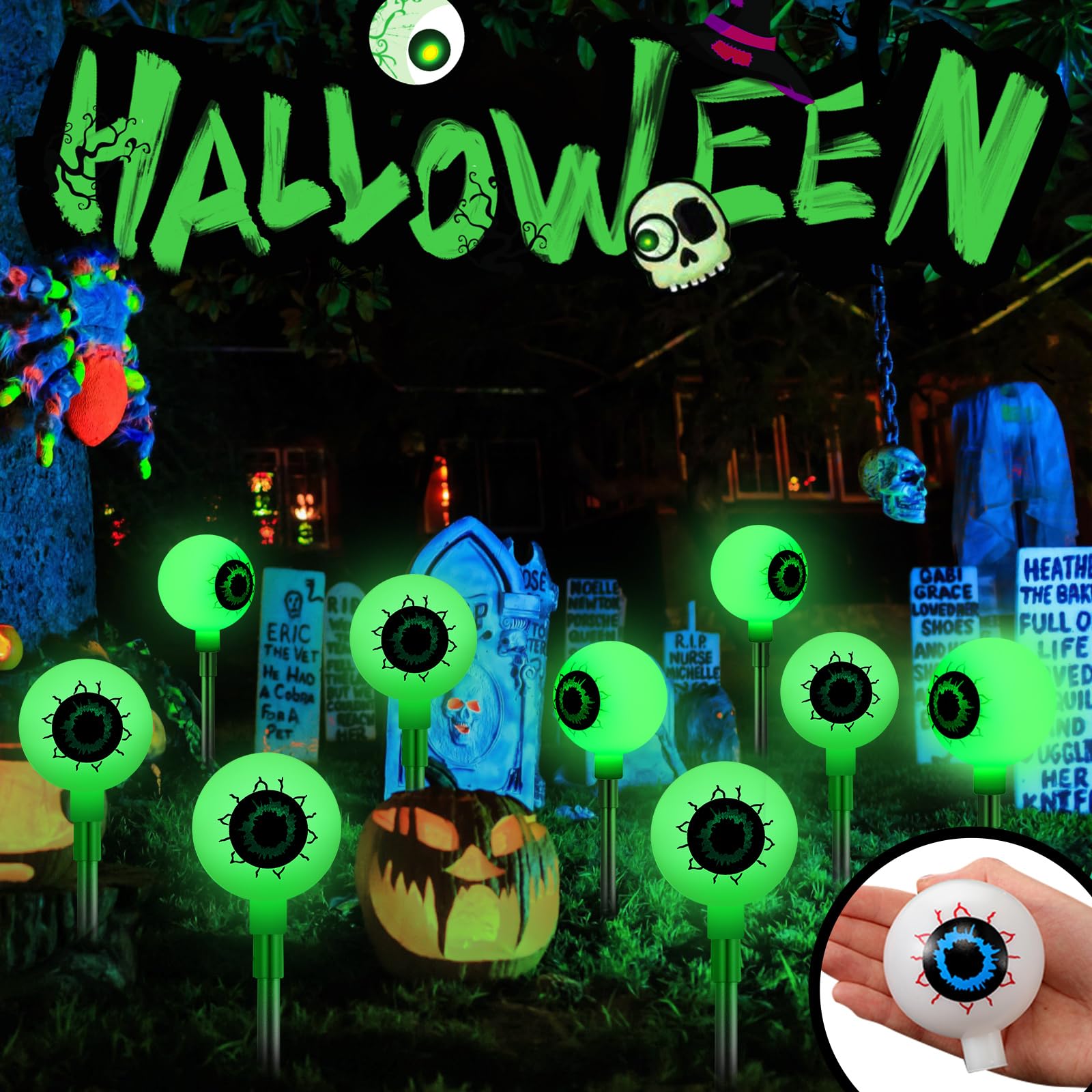 Threan 10 Pcs Halloween Big Eyeball Lights Decorations Solar Eyeball Stake Lights With 8 Modes Outdoor Eyeball Lights Solar Operated Stake Lights Ip44 Waterproof Lights For Pathway Yard Garden