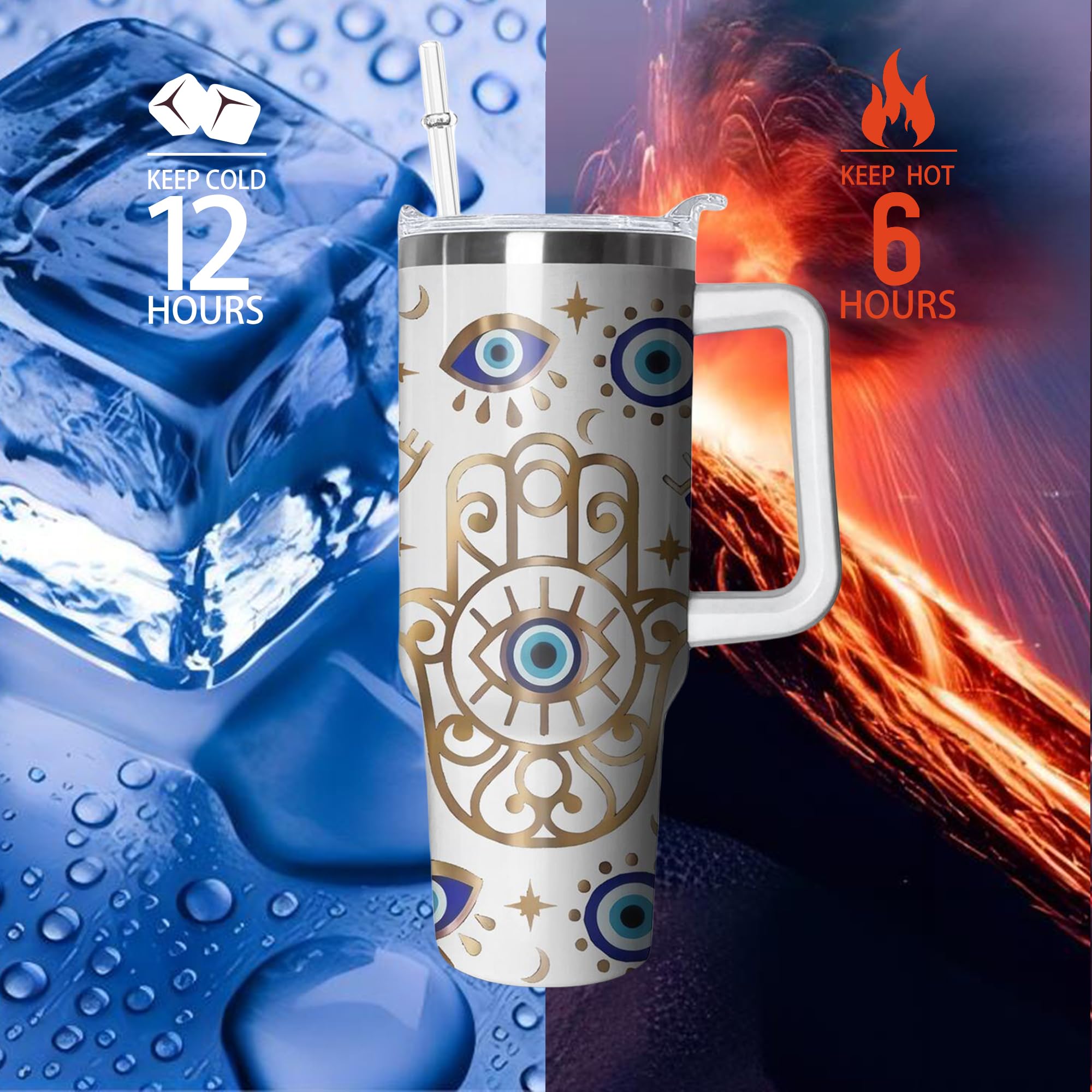 40Oz Evil Eye Tumbler With Handle And Flip Straw, Evil Eyes Hand Stainless Steel Insulated Cup
