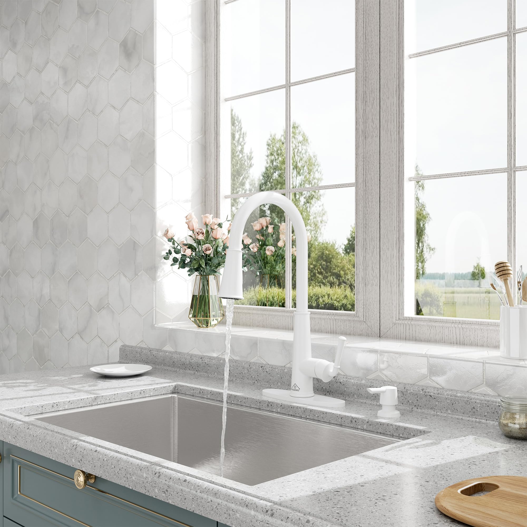 Casainc Touchless Kitchen Faucet With Pull Down Sprayer And Led Light Motion Sensor Kitchen Sink Faucet With Soap Dispenser Single-Handle Matte White Faucet For Kitchen Laundry Rv And Bar