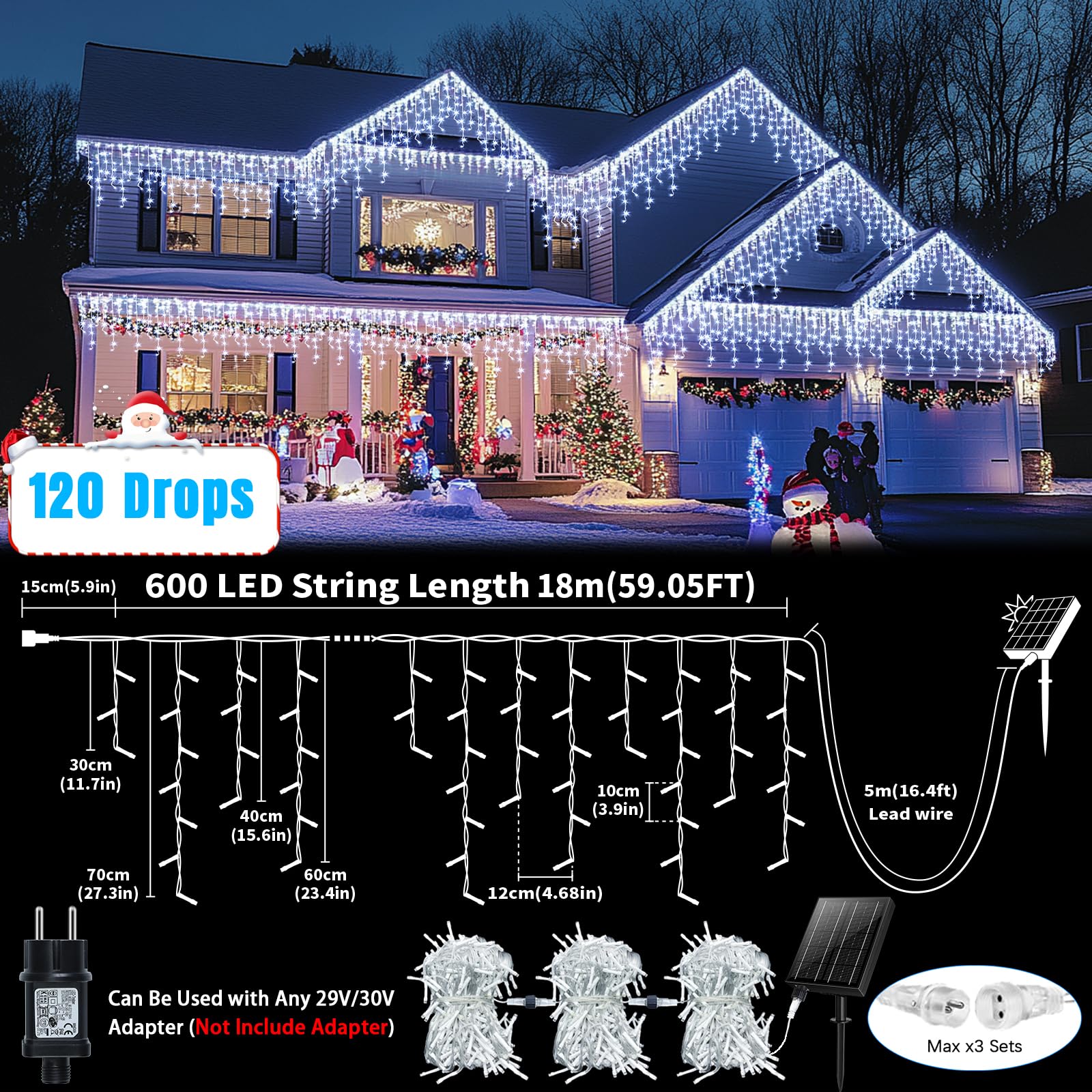 Qlirjad Solar Christmas Lights Outdoor Waterproof 60+16Ft 600 Led Icicle Lights For Outside With 2400Mah Connectable Rechargeable Dimmable Remote 8 Modes Fairy Lights For Xmas Yard Eaves Balcony Decorations