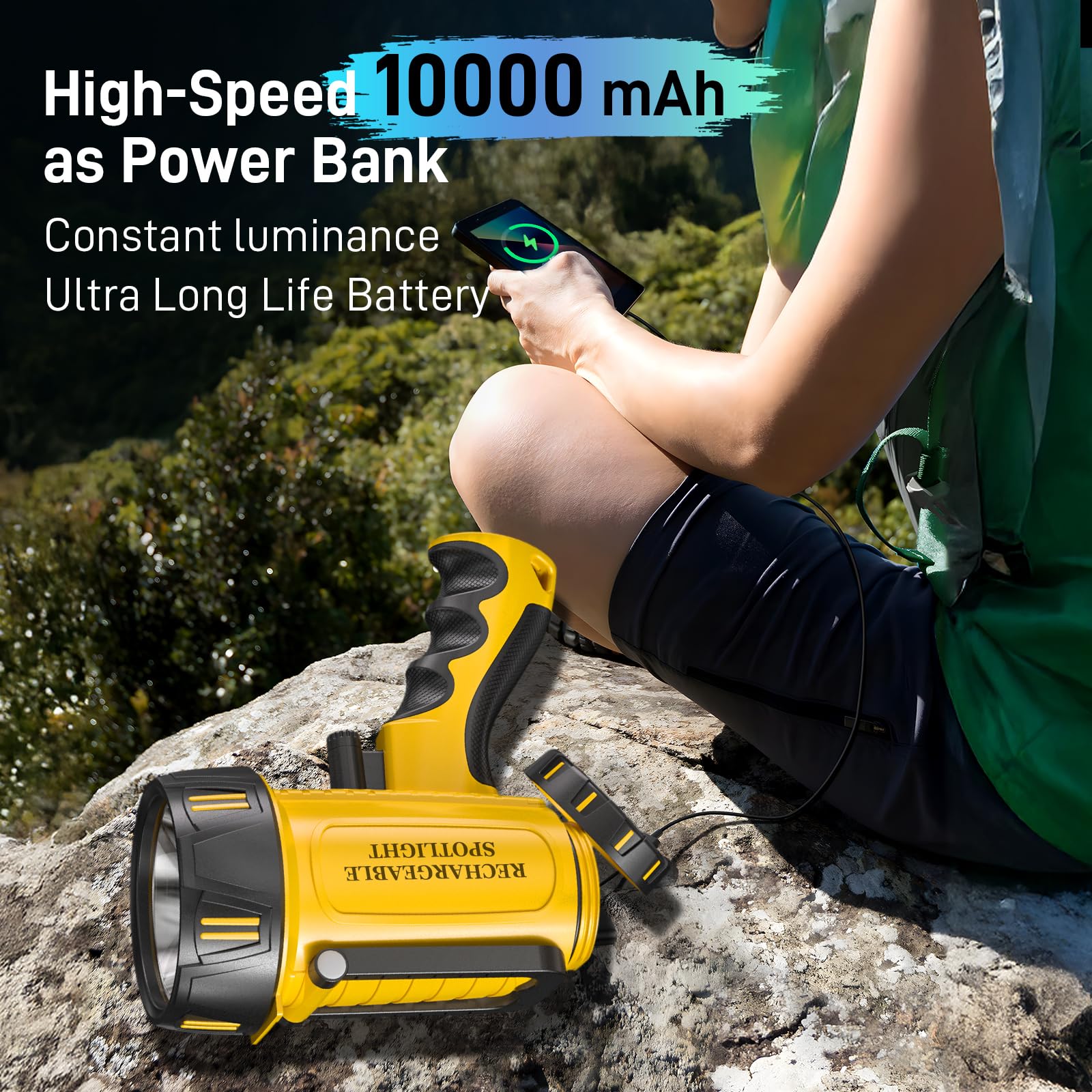 Chrmjern  Rechargeable Spotlight With 6 Mode,Super Bright High Lm Led Flashlight Handheld Spotlight,Large Capacity Long Lasting Waterproof Flashlight Searchlight,Flood Camping Flashlight With Tripod