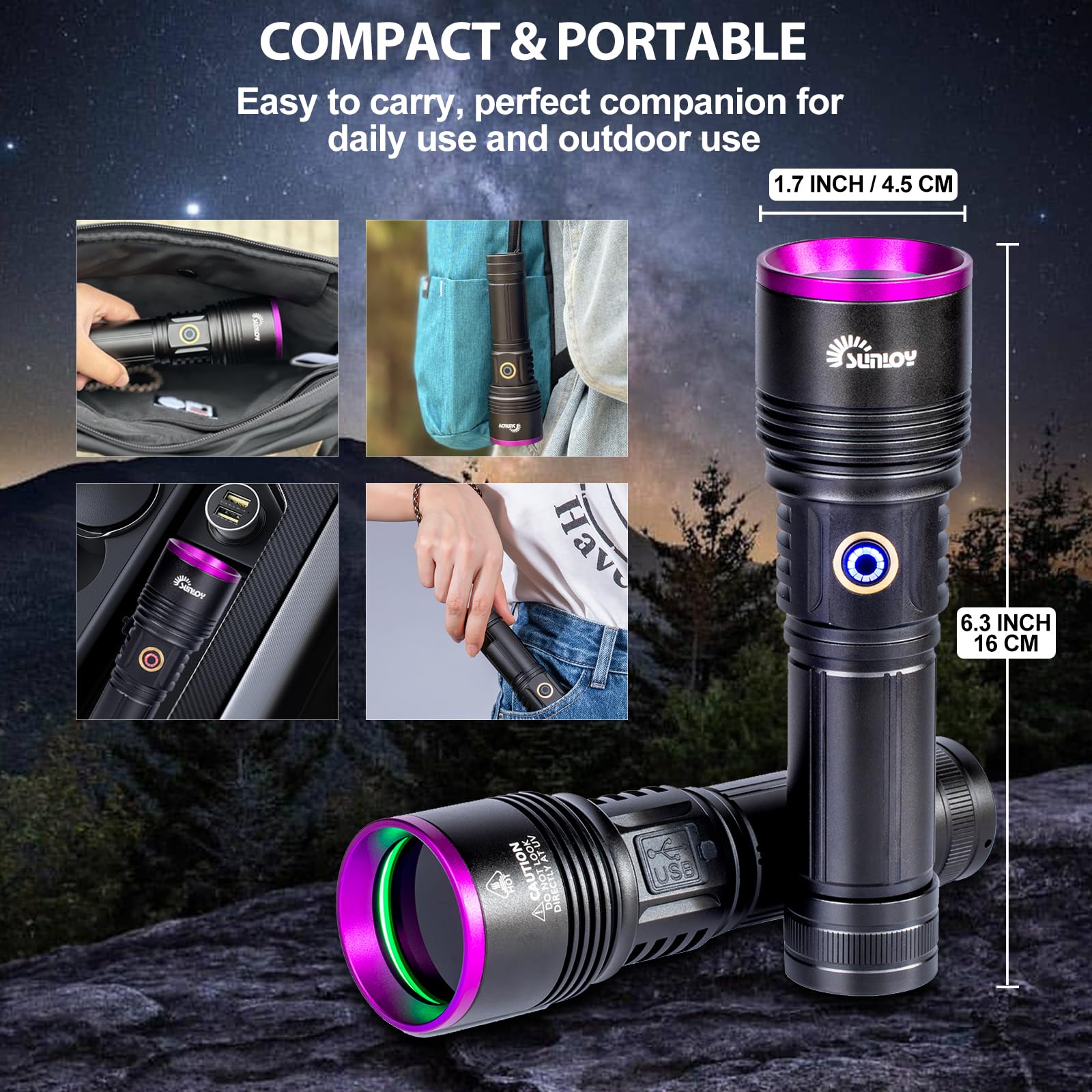 Sunloy 2 Pack Uv01 365Nm Uv Flashlight Black Light, Usb Rechargeable High Power Blacklight Flashlight, Professional 4 Core Led Uv Light For Pet Urine Detection, Resin Curing, Leak Detection, Rock Hunting