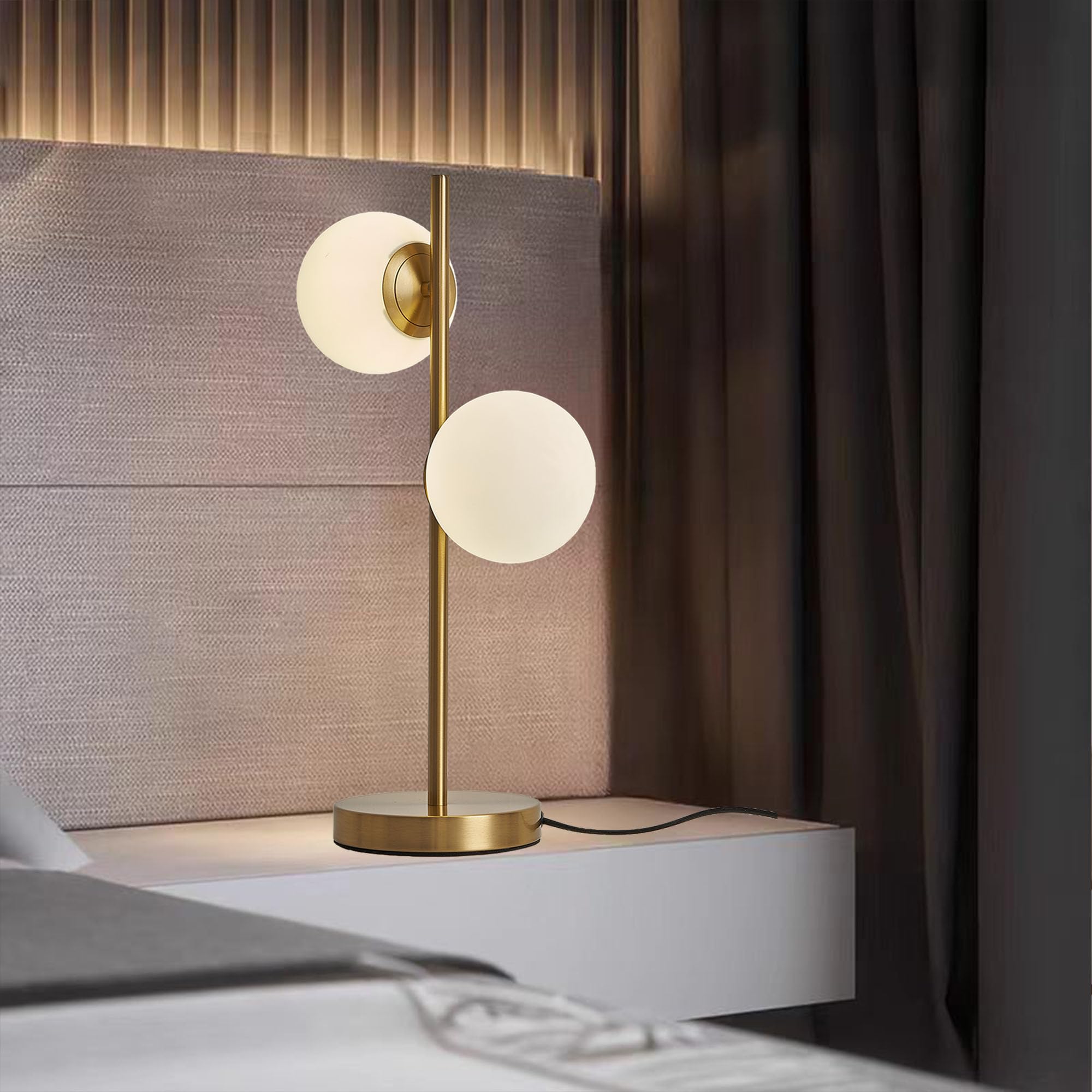 Kardleen Sphere Table Lamp For Bedroom, Mid Century Modern Table Lamp Gold Nightstand Light For Offices Contemporary Living Room Decor 2 Led Globe Lights