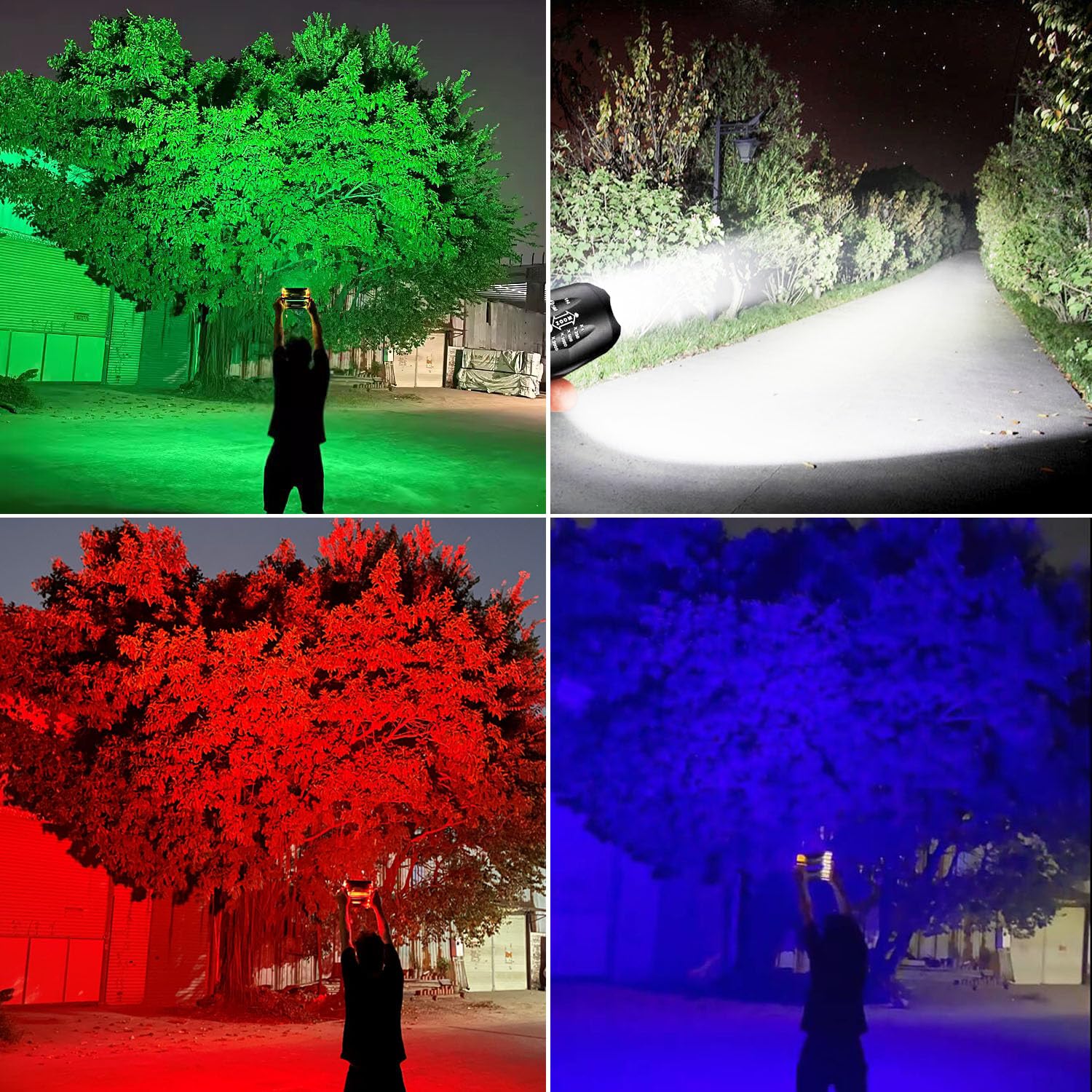 Mviocs Powerful Red Flashlight Rechargeable, Led Green Light Flashlight, Blue Light Flashlight, 4 Modes, Multi-Color 4 Color In 1 Led White Red Blue And Green Lights Flash Light, Zoomable Torch