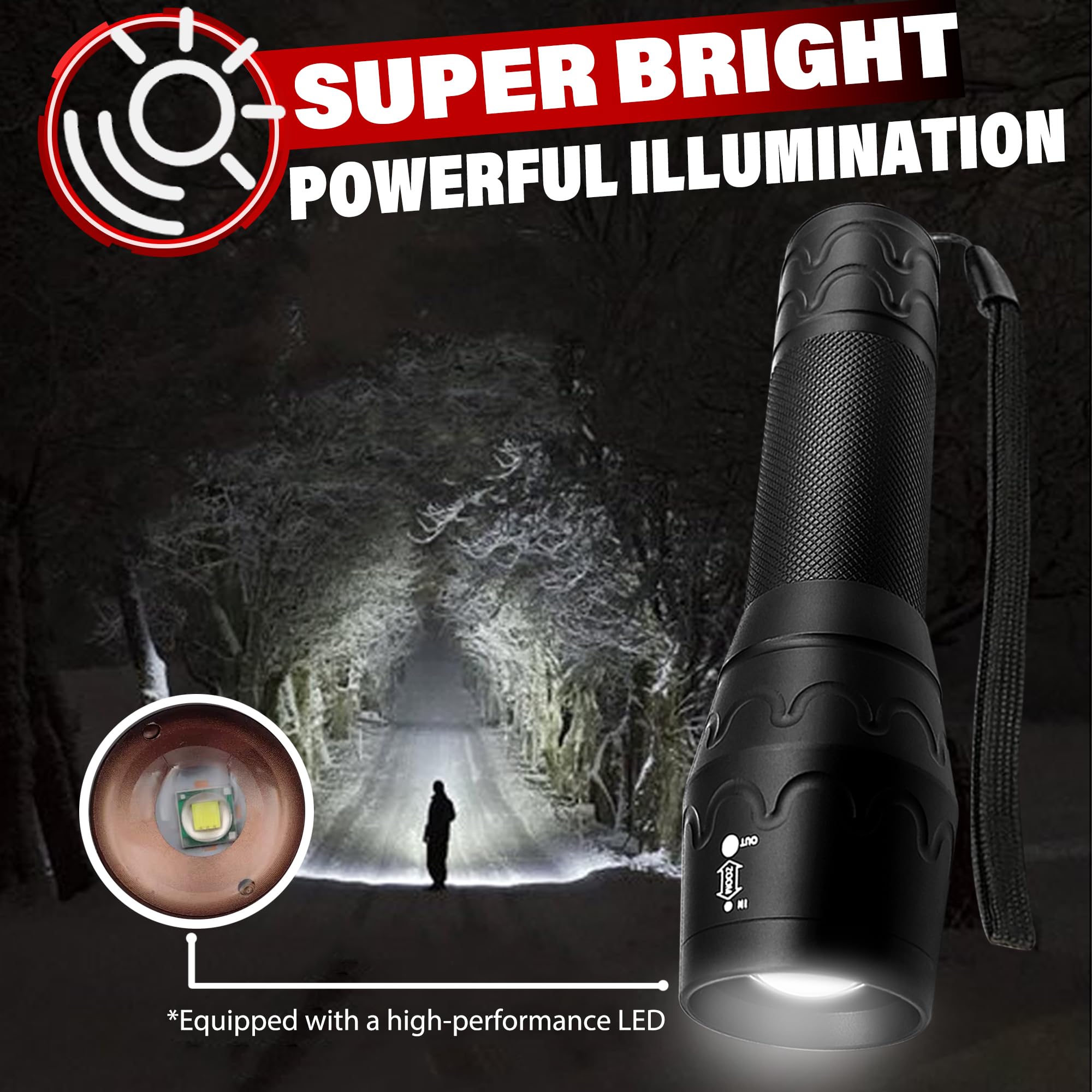 Fadomall Single Mode Led Flashlight High Lumens, Adjustable Focus, Emergency Flashlights For Power Outages, Camping And Home Use, 2 Pack