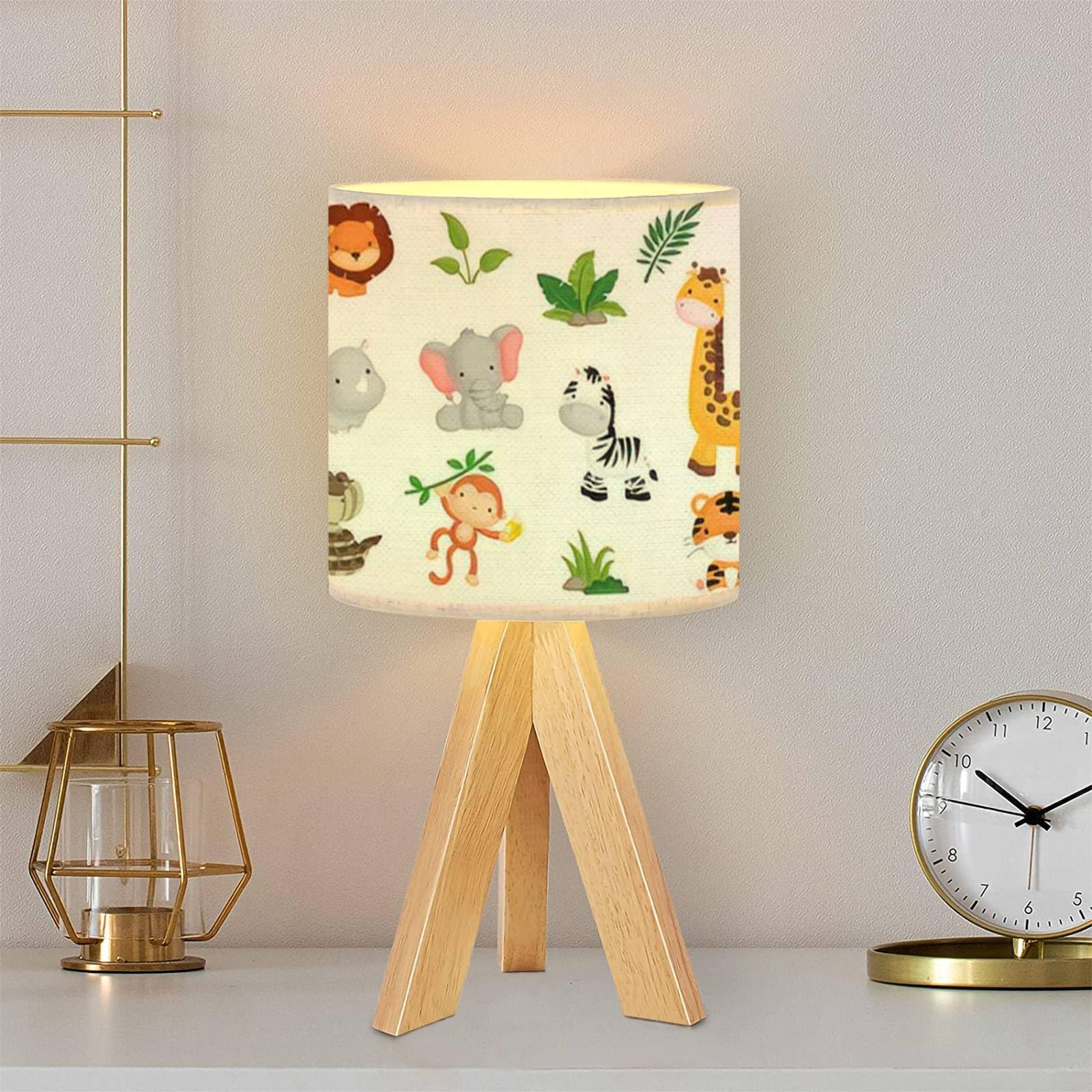 Umibuds Dqwijakx91 Tripod Table Lamp Jungle Animal Set Modern Bedside Dimmable Desk Lamp Wooden Base Fabric Lampshade For Kids Room, Nursery, Bedroom, Living Room