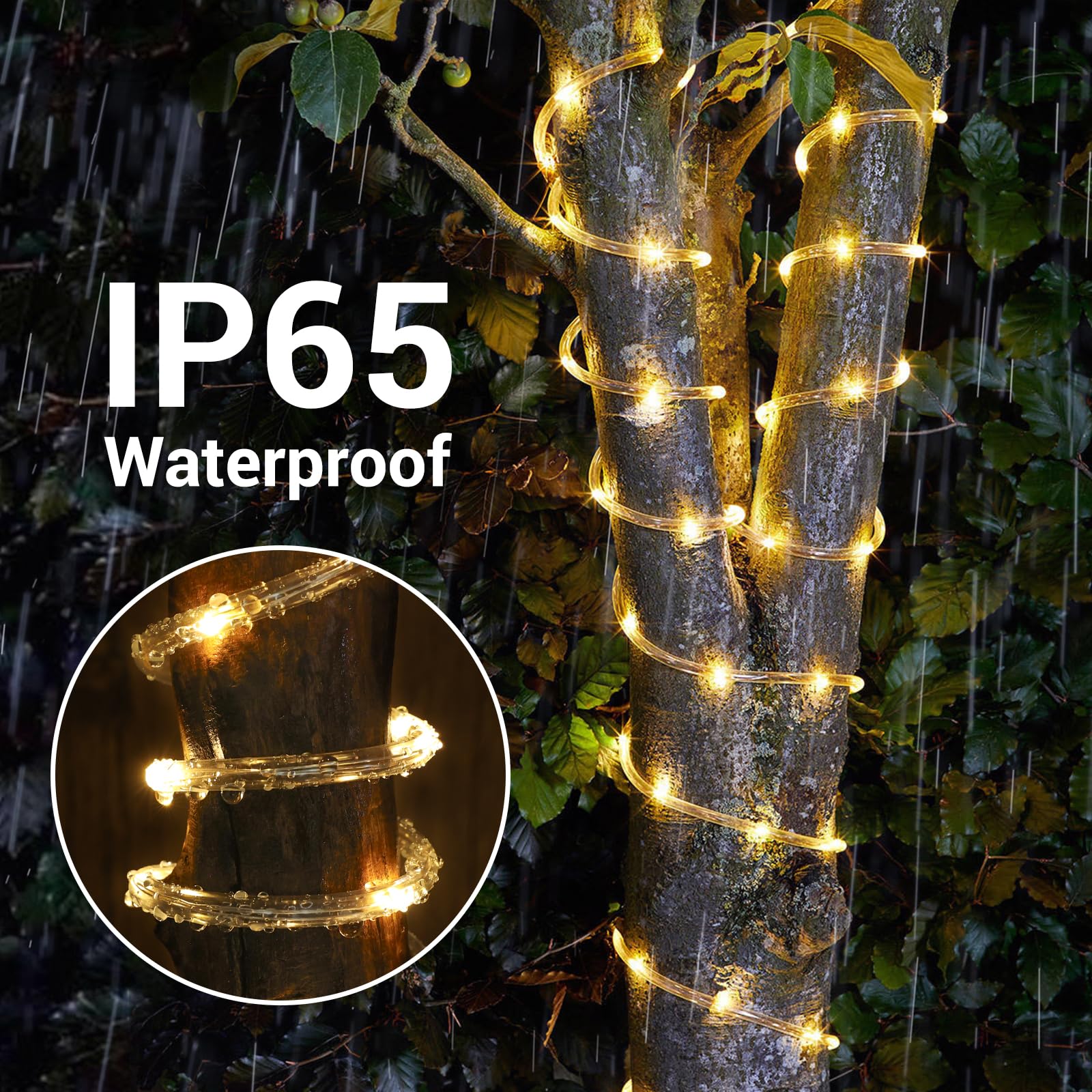 Jnaurb Solar Rope Lights, 66Ft 200Led Solar String Lights, 8 Modes Waterproof Solar Powered Outdoor Light, Flexible Clear Tube Light For Garden, Backyard, Patio, Deck, Porch, Pool, Tree Decor - Warm White