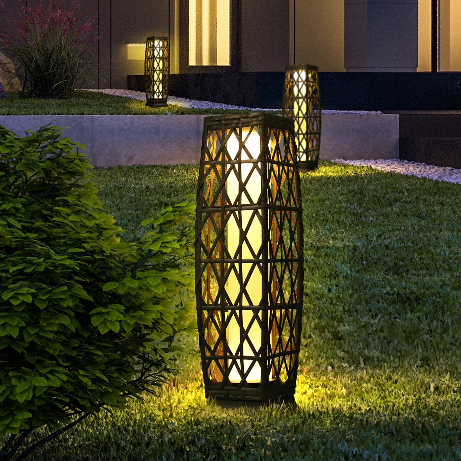 Olymsold Solar Floor Lamp,Outdoor Floor Lamp,Solar Lanterns Outdoor Waterproof,Solar Powered Resin Wicker Outdoor Solar Lamp,Weather-Resistant Rattan Deck Light For Porch, Garden,Patio,Deck
