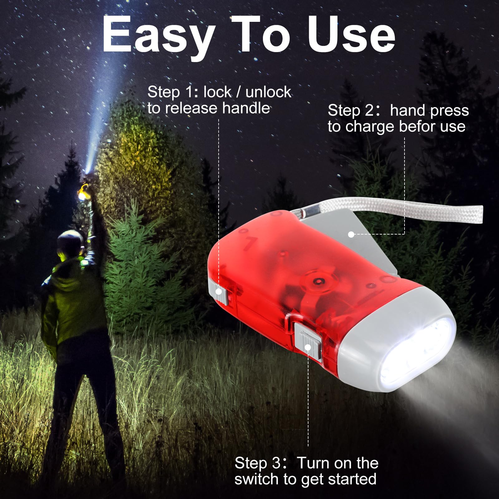 Leelosp 48 Pcs Hand Crank Flashlight No Battery Required Cranked Flashlight Manual Press Flash Light 3 Led Squeeze Light For Camping Hiking Power Outage (Red Blue Yellow Gray)