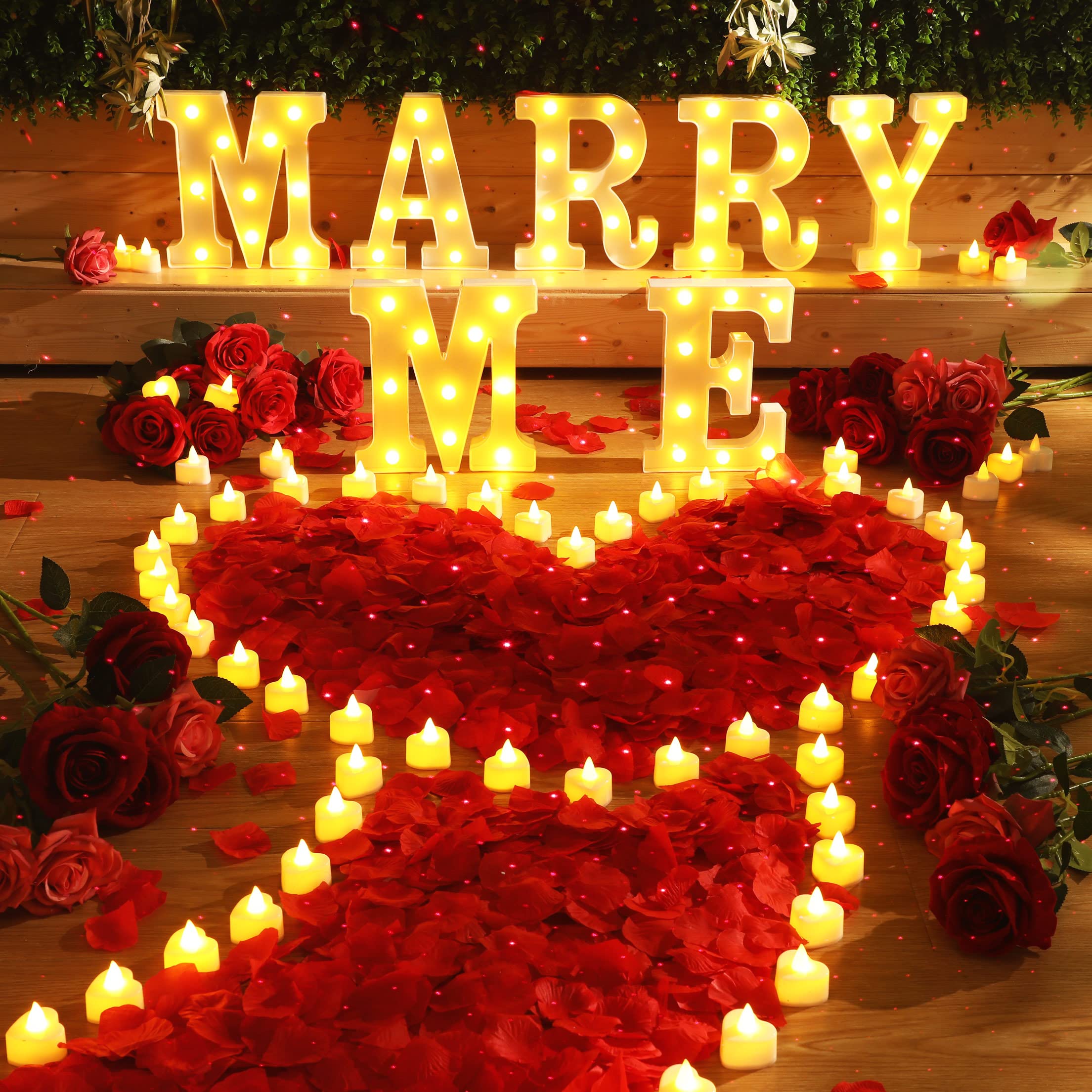 Fumete Marry Me Letter Lights, Night Light Decoration With 4000 Pcs Rose Petals, 72 Pcs Romantic Candles, Usb Powered For Valentine Engagement Wedding(Red)