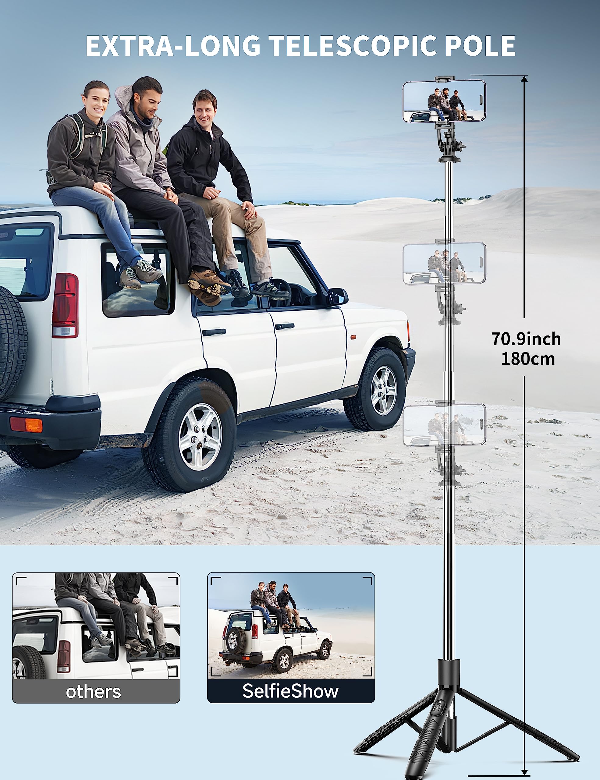 Selfieshow 71" Phone Tripod & Selfie Stick, All In One Extendable Cell Phone Tripod With Wireless Remote, Tripods Stand For Iphone & Travel Selfie Stick 360° Rotation Compatible With Iphone Android, Camera