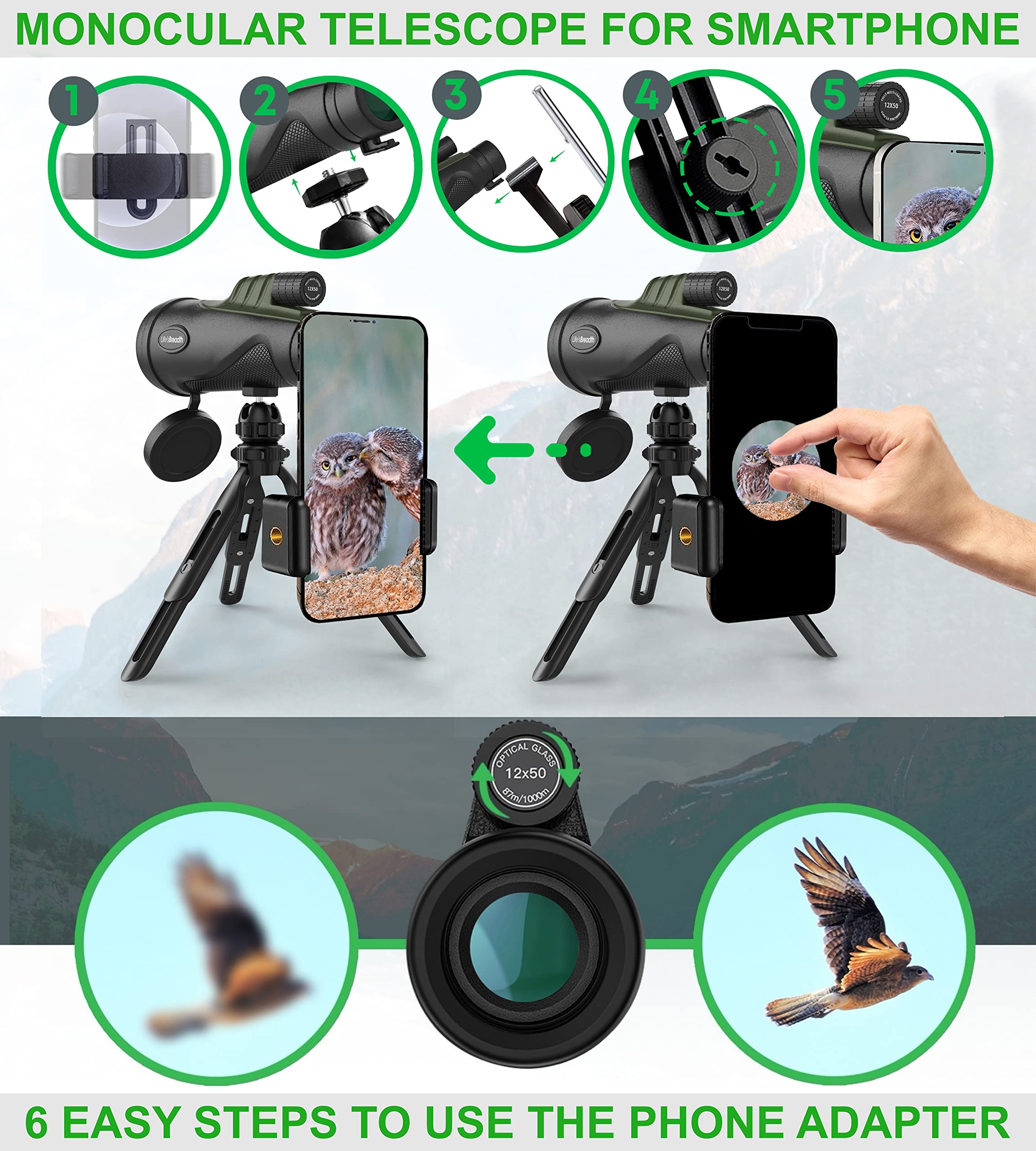 Lifes Breadth 12X52 Monocular Telescope With Smartphone Adapter And  Tripod, Hd Handheld Telescope - High Powered Monocular Scope For Adults - Birdwatching,  For Men Him Dad Husband Boyfriend (Green)