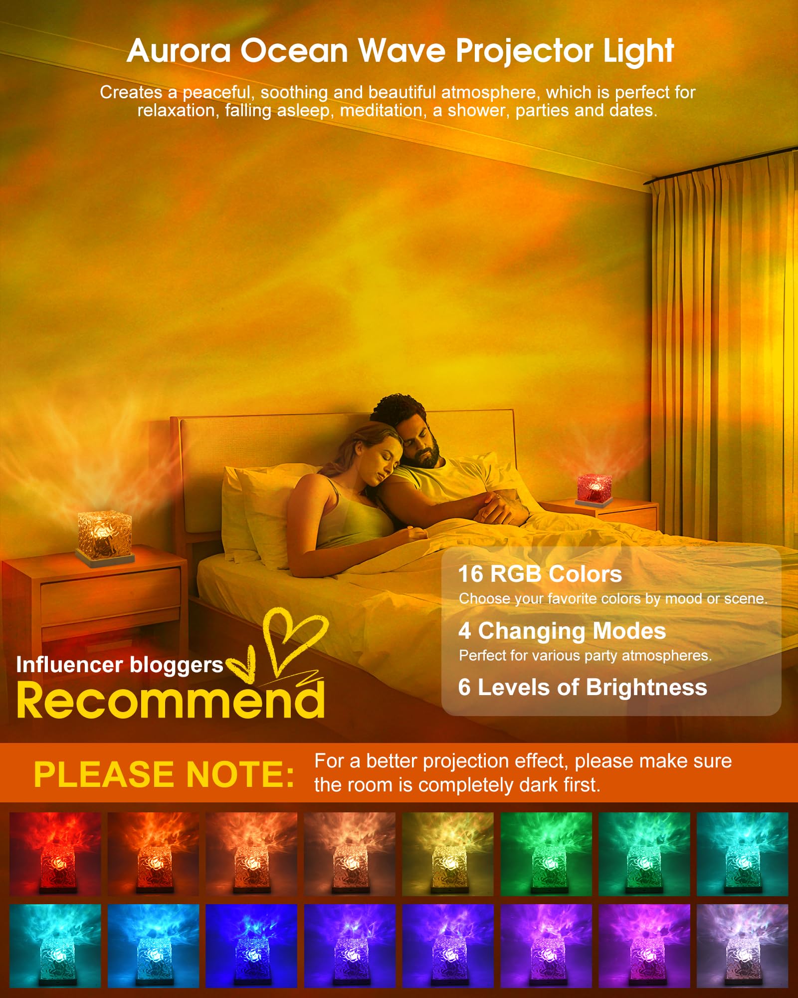 Smerkod Aurora Ocean Wave Projector Light, Cordless Rechargeable, 16 Colors 4 Modes Northern Lights Lamp With Touch & Remote For Bedroom, Water Ripple Night Light For Room Decor Ambient Mood Lighting