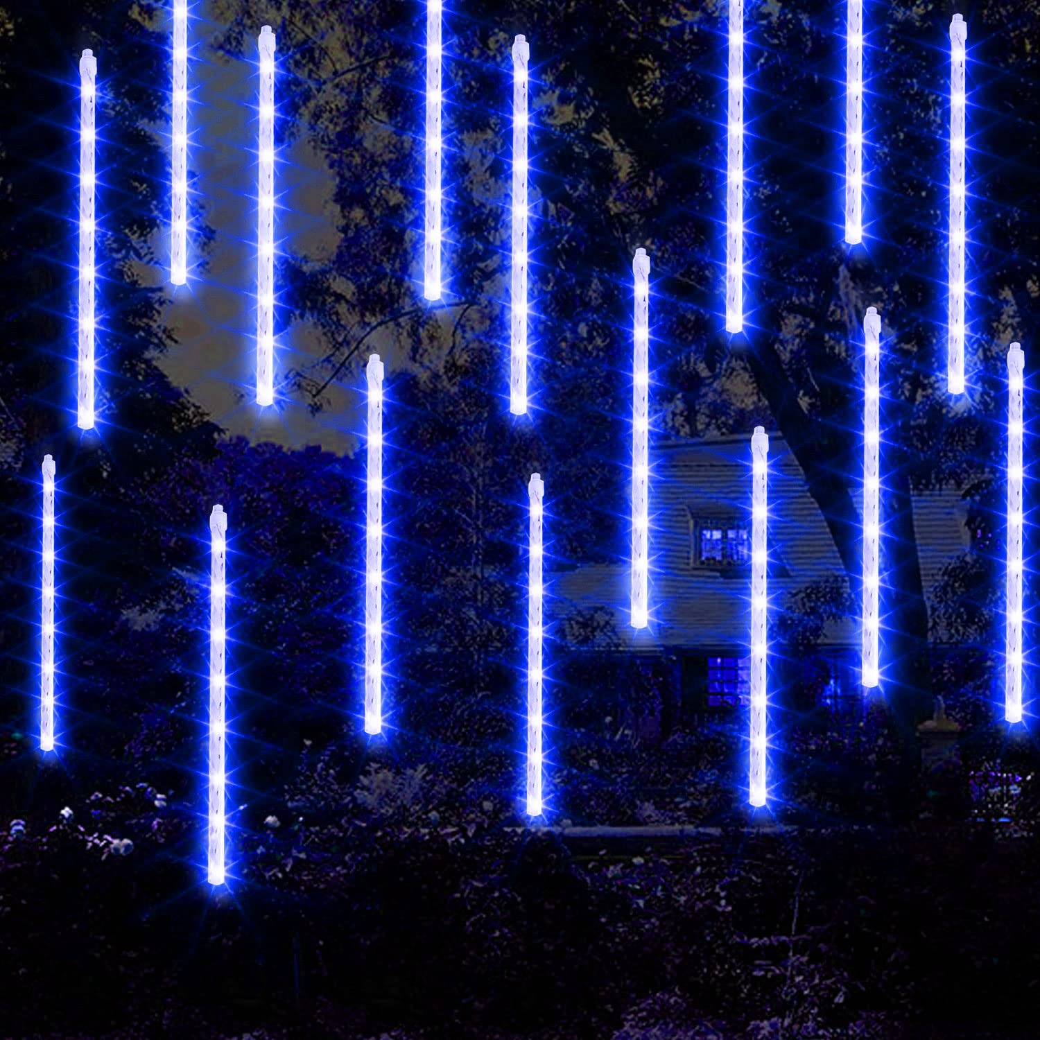 Funpeny Meteor Shower Rain Lights, 288 Led Christmas Lights Icicle Snow Falling Halloween Lights Outdoor Raindrop Lights, 30Cm 8 Tubes Xmas Tree Holiday Christmas Halloween Decoration, Blue