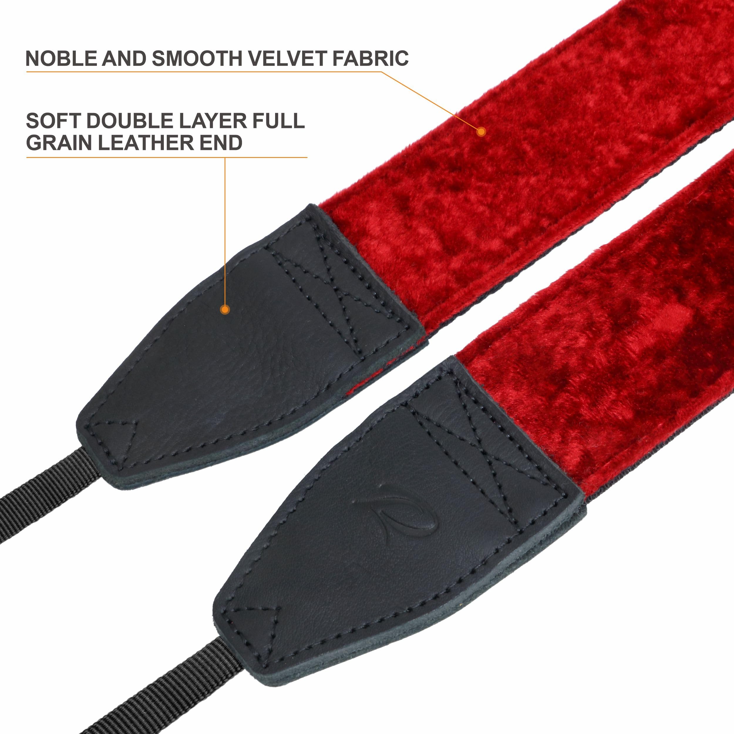 Padwa Lifestyle Velvet Camera Strap - 2" Wide Full Grain Cowhide Head Soft Velvet Straps For Photographers,Complimentary 2 Pcs Quick Release For All Dslr,Slr,Mirrorless Cameras,Binoculars - Ruby Red