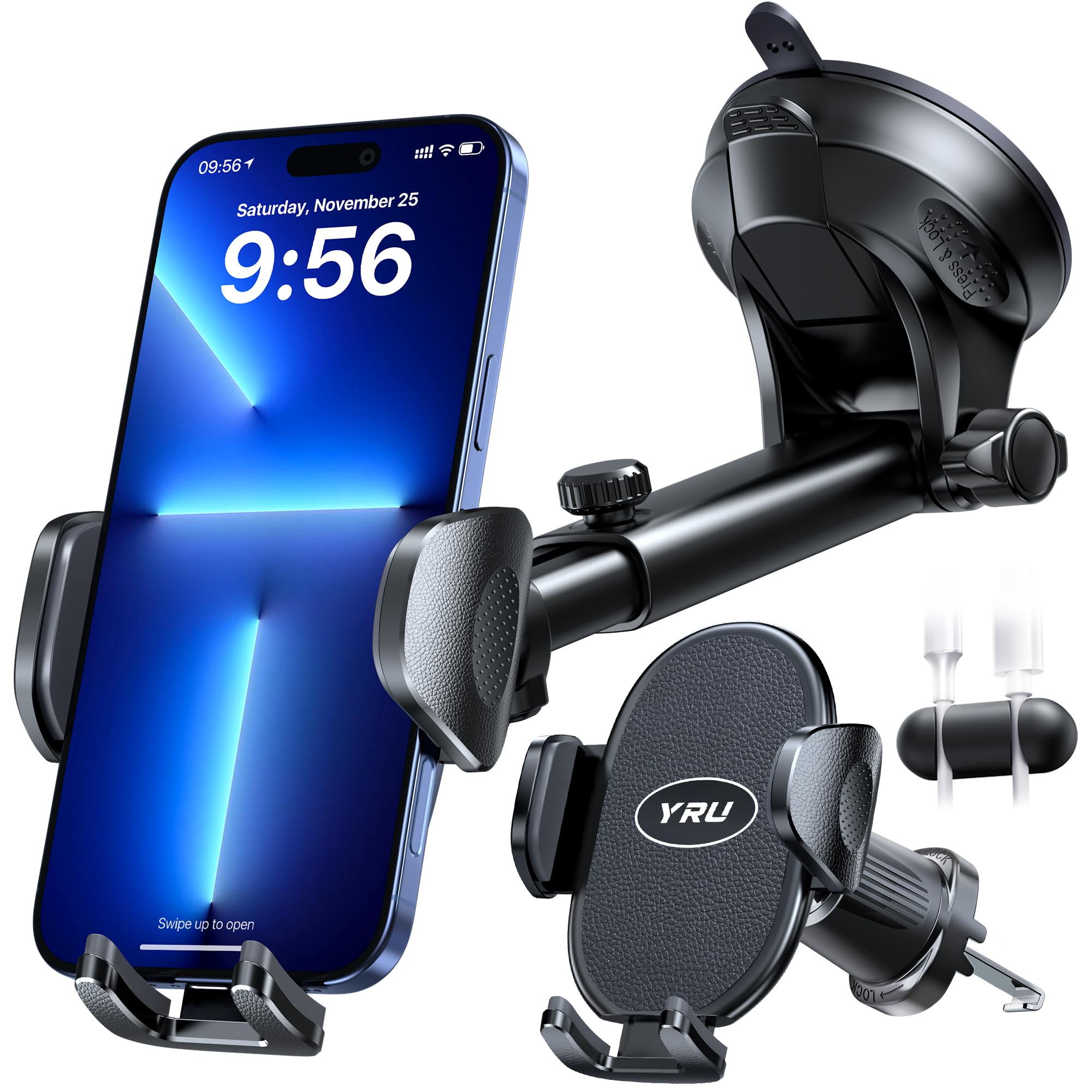 Yru [ ] Universal Car Phone Holder Mount【 360°Rotatable & Strong Suction】 Cell Phoneholder Car Dashboard Windshield Phone Holder Dash Stand For Iphone 16 15 14 13 12 Samsung Truck, Black