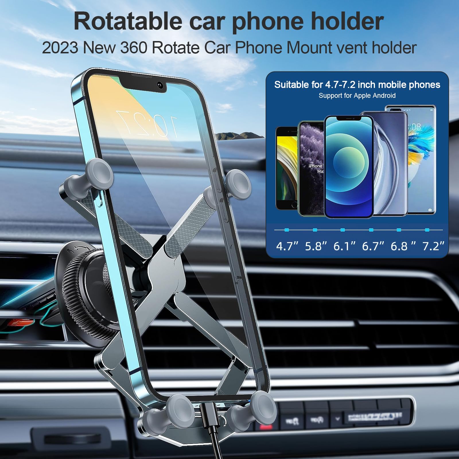 Rednow Invisible Rotatable Air Vent Car Phone Holder For All Smartphones With Thick Cases
