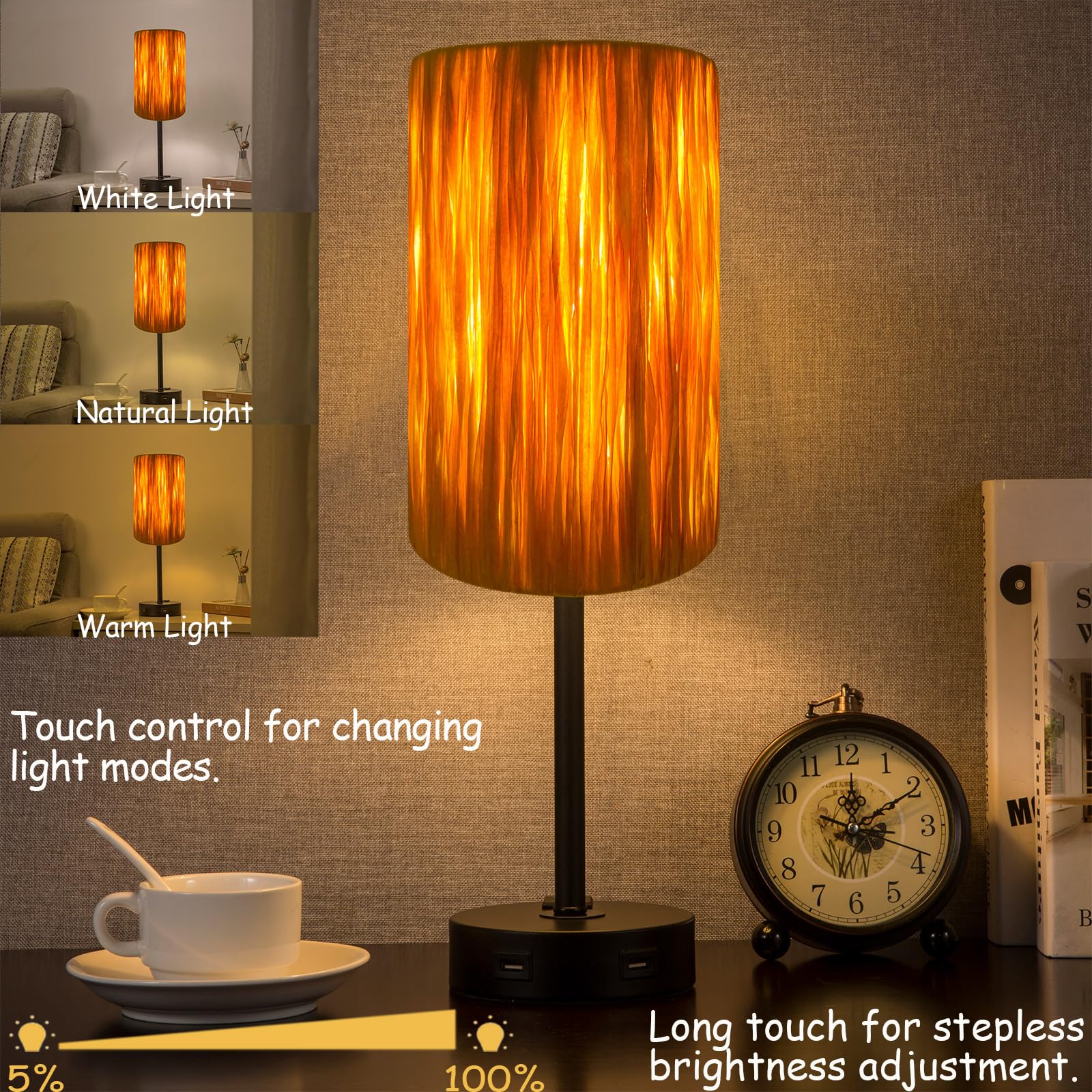 Yovomee Handwoven Round Raffia Shade Ambient Table Lamp,Bedside Table Lamp,Touch Lamps For Night Table, Usb Ports And Outlets,3-Color And Stepless Dimming For Bedrooms,Living Room (Led Bulb Included)