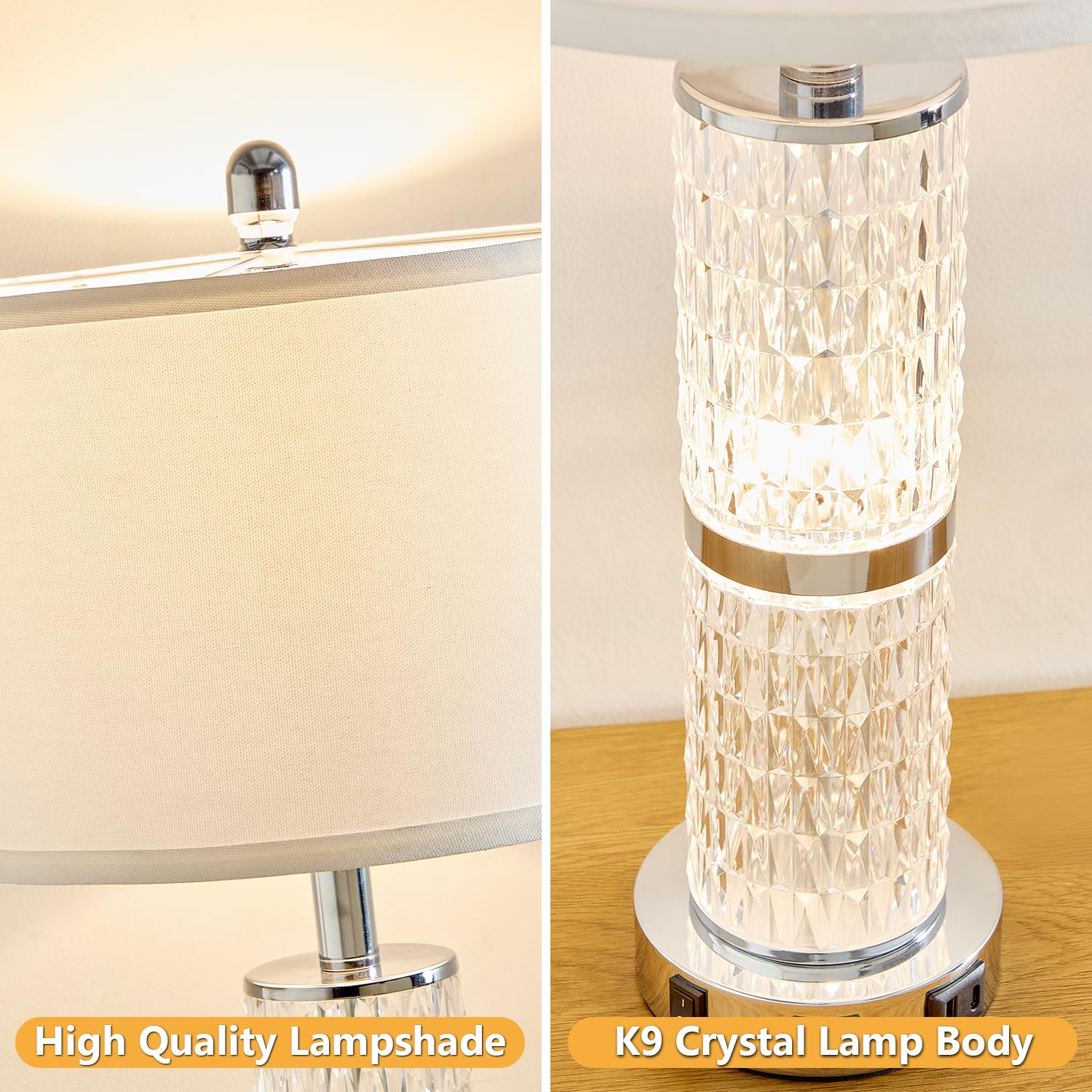 Saiweya Crystal Table Lamps Modern 3-Way Dimmable Bedside Lamp With 2 Usb Ports & Ac Outlets For Living Room Bedroom Nightstand Lamp Night Light (Silver-2 Pack)